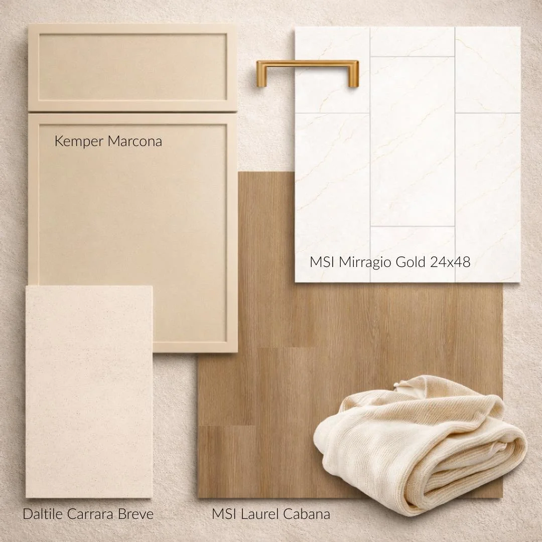 Transform your primary bathroom into a serene retreat with our Warm Neutrals and Polished Detail palette. 🌿 Start with the MSI Surfaces Miraggio Gold polished wall tile, which reflects light and visually expands the space for a spa-like feel. On the