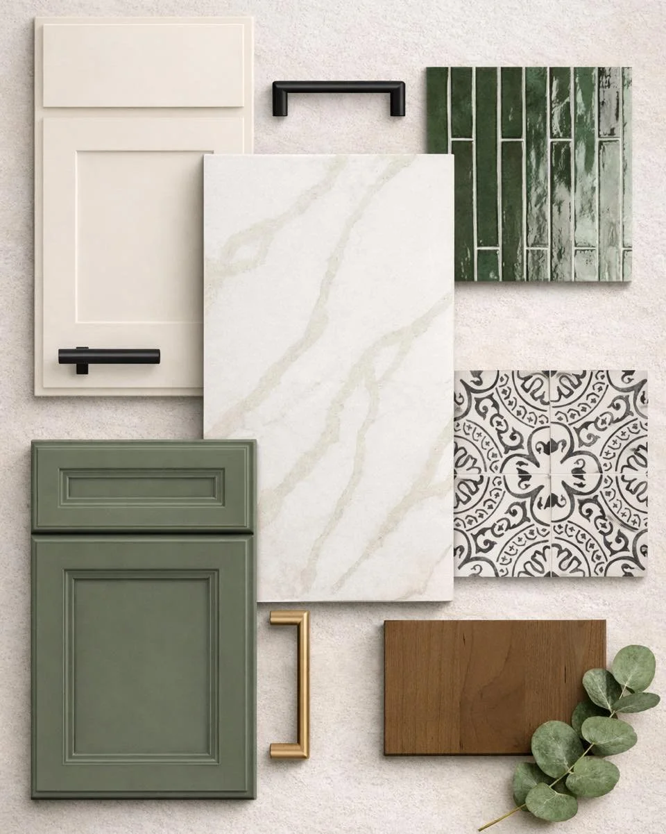 Today&rsquo;s Material Monday takes us on a journey through our thoughtfully curated kitchen and butler&rsquo;s pantry project. 🌿 

In the main kitchen, Kemper cabinetry color "Steam" creates a light, clean backdrop, while the island's She