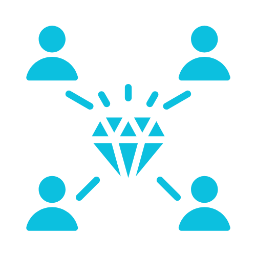Four blue user icons connected to a central blue diamond symbol with lines.