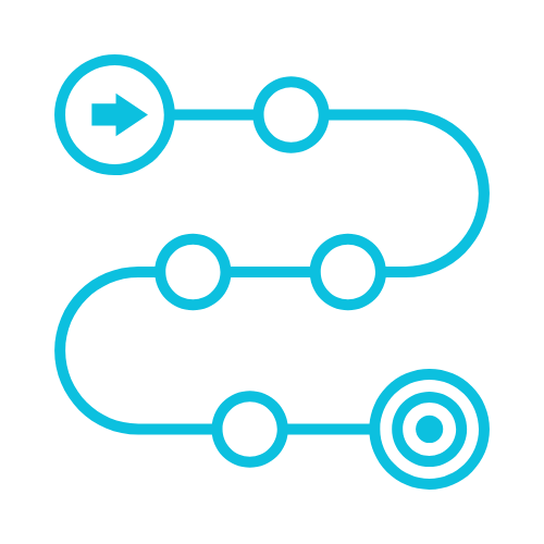 Blue winding path with circles and an arrow at the start, ending in concentric circles