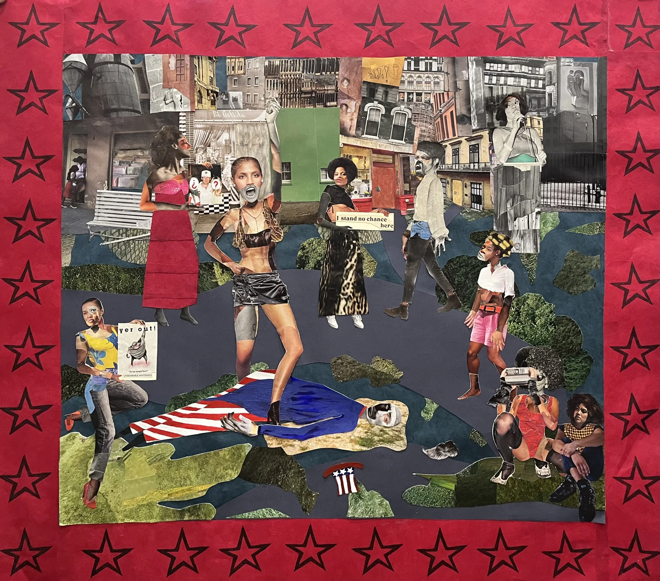 Title: Uncle Sam’s Blue World Falls Down |
Dimensions: 36x32 inches (unframed) |
Medium: Collage, Acrylic Paint, Oil Pastels, Linocut, and Rhinestones on foam board |
Year: 2025