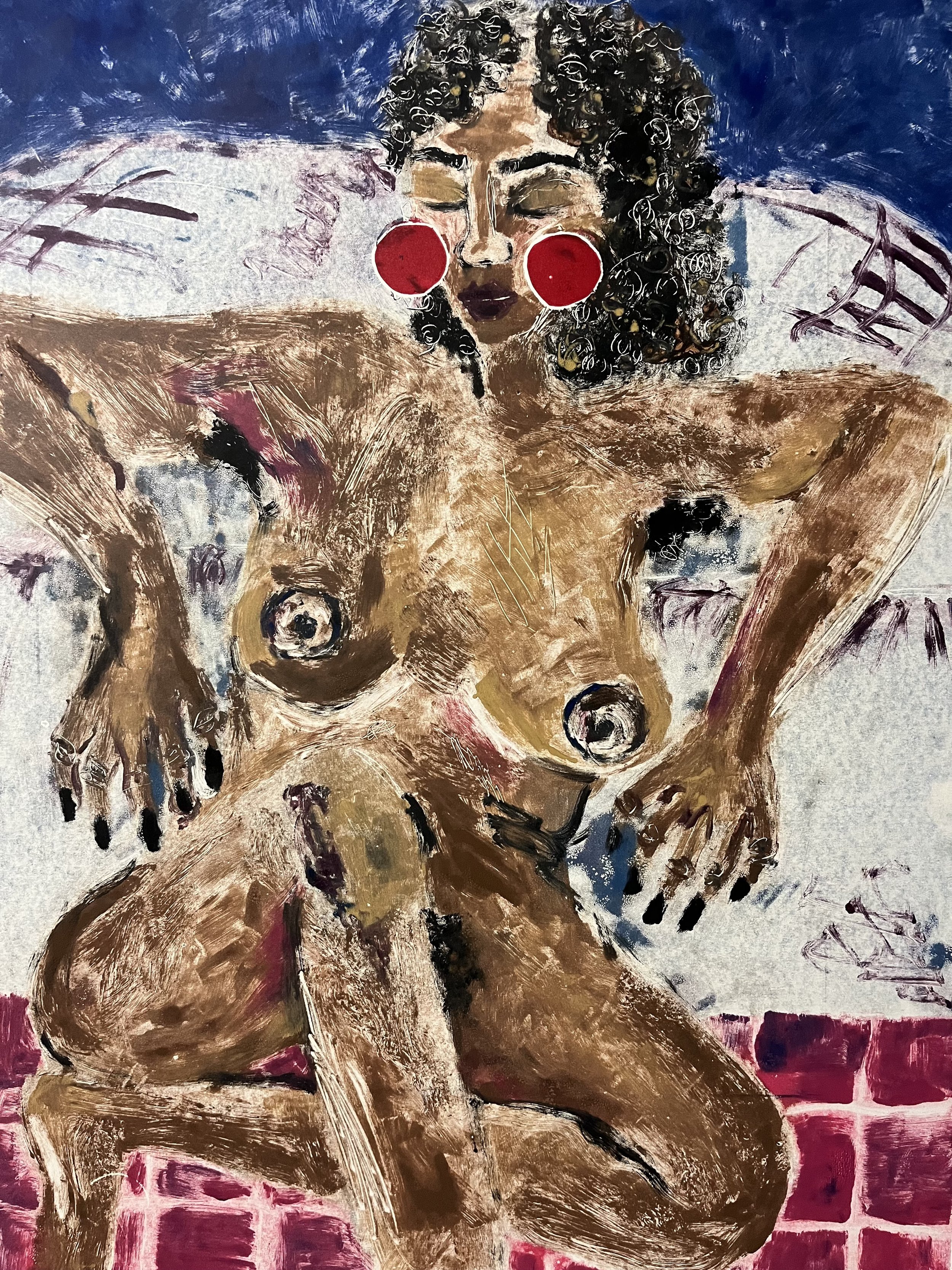 Abstract painting depicting a seated nude figure with dark hair and exaggerated facial features, including large red circles on the cheeks. The background is a mix of dark blue and light colors.