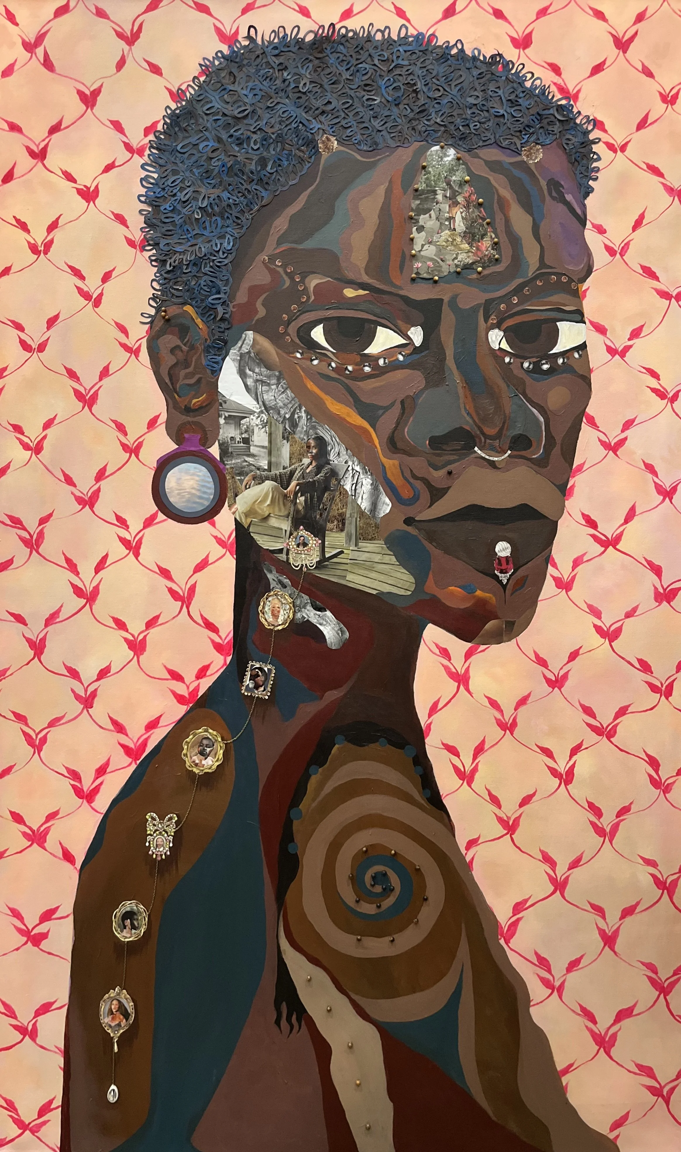 Title: Black2Earth |
Dimensions: 36x60 inches |
Medium: Collage, acrylic paint, hand-sewn beads, cowrie shell, and chain on canvas |
Year: 2026