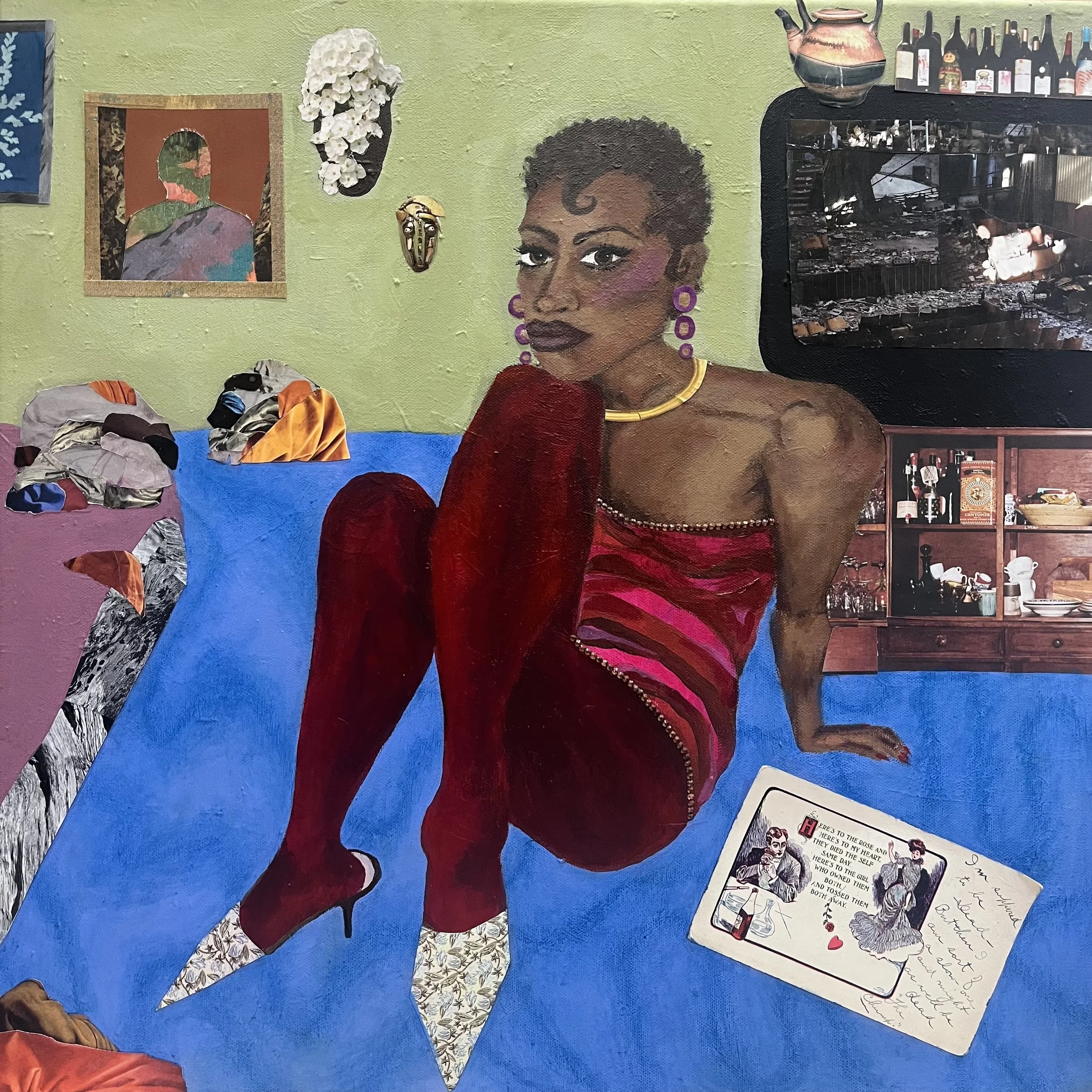 Title: What Are You A Witness Of? |
Dimensions: 20x20 inches |
Medium: Collage, Acrylic Paint, Oil Pastels, and Rhinestones on canvas |
Year: 2025