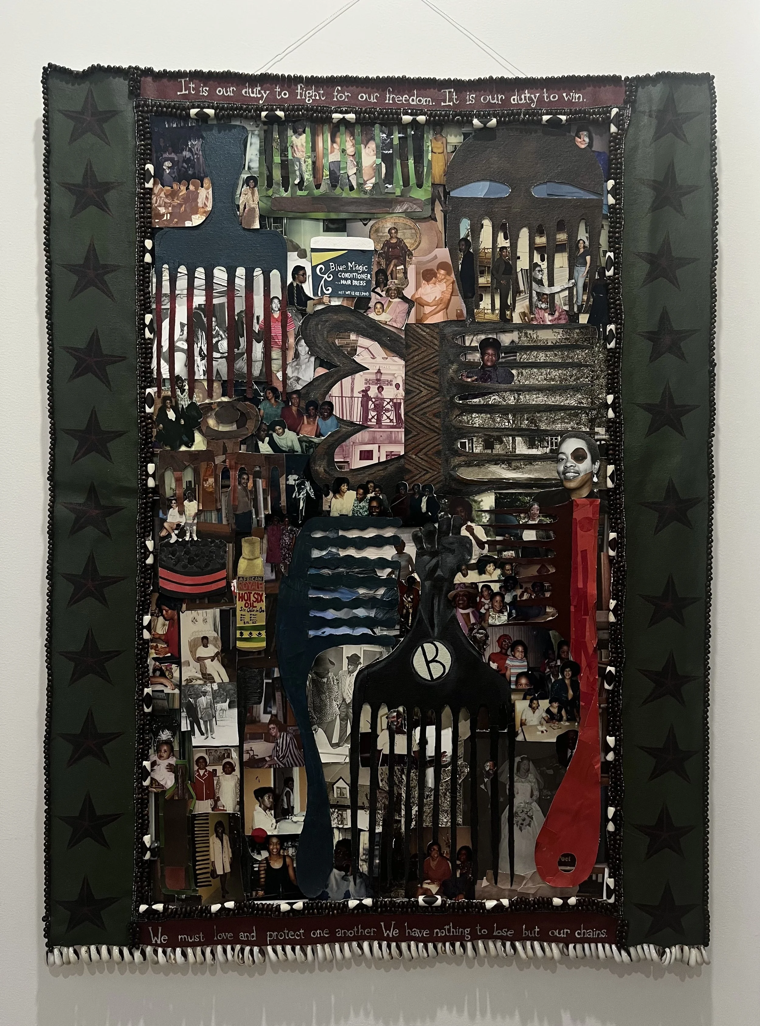 Assata’s Comb (through the diaspora) |
27.5x37 inches |
Collage, acrylic paint, hand-sewn bead, and cowrie shell on canvas and foam |
2026 |
Commissioned by the Bandung Duo 
