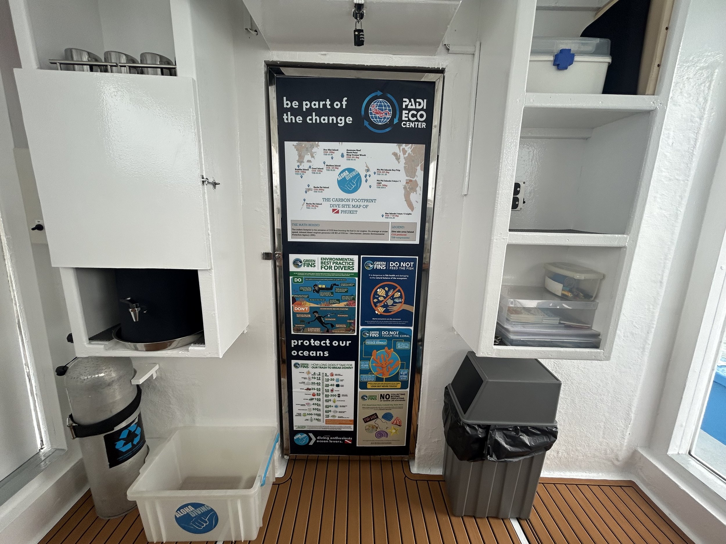 View of a door between two storage shelves on a dive boat. The door is covered in PADI Eco Center and Green Fins materials.