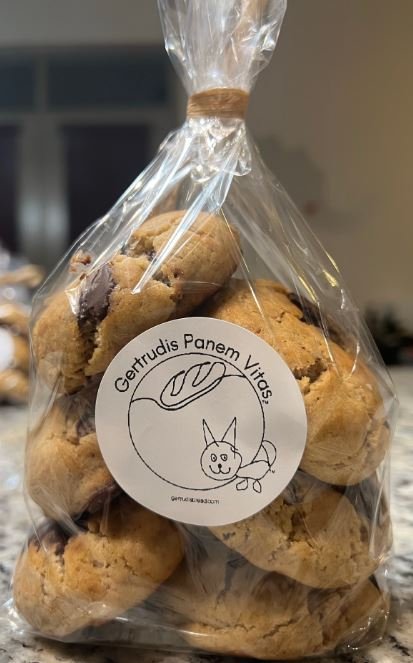 Chocolate chip sourdough cookies from Gertrudis Panem Vitas, with dark chocolate chunks and sea salt topping