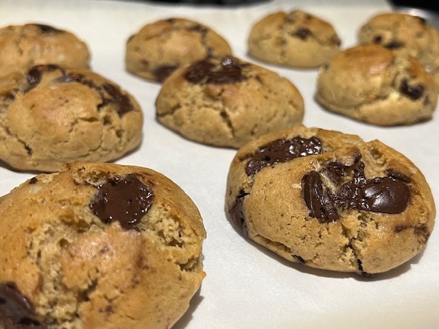Chocolate chip sourdough cookies from Gertrudis Panem Vitas, with dark chocolate chunks and sea salt topping