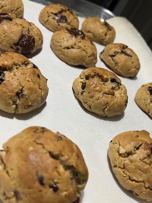 Nutberry sourdough cookies, featuring dried fruit and roasted nuts in a chewy base