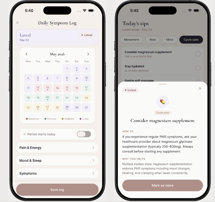 Screenshots of a health tracking app displaying a menstrual cycle calendar, daily symptom log, and tips for cycle care and magnesium supplement.