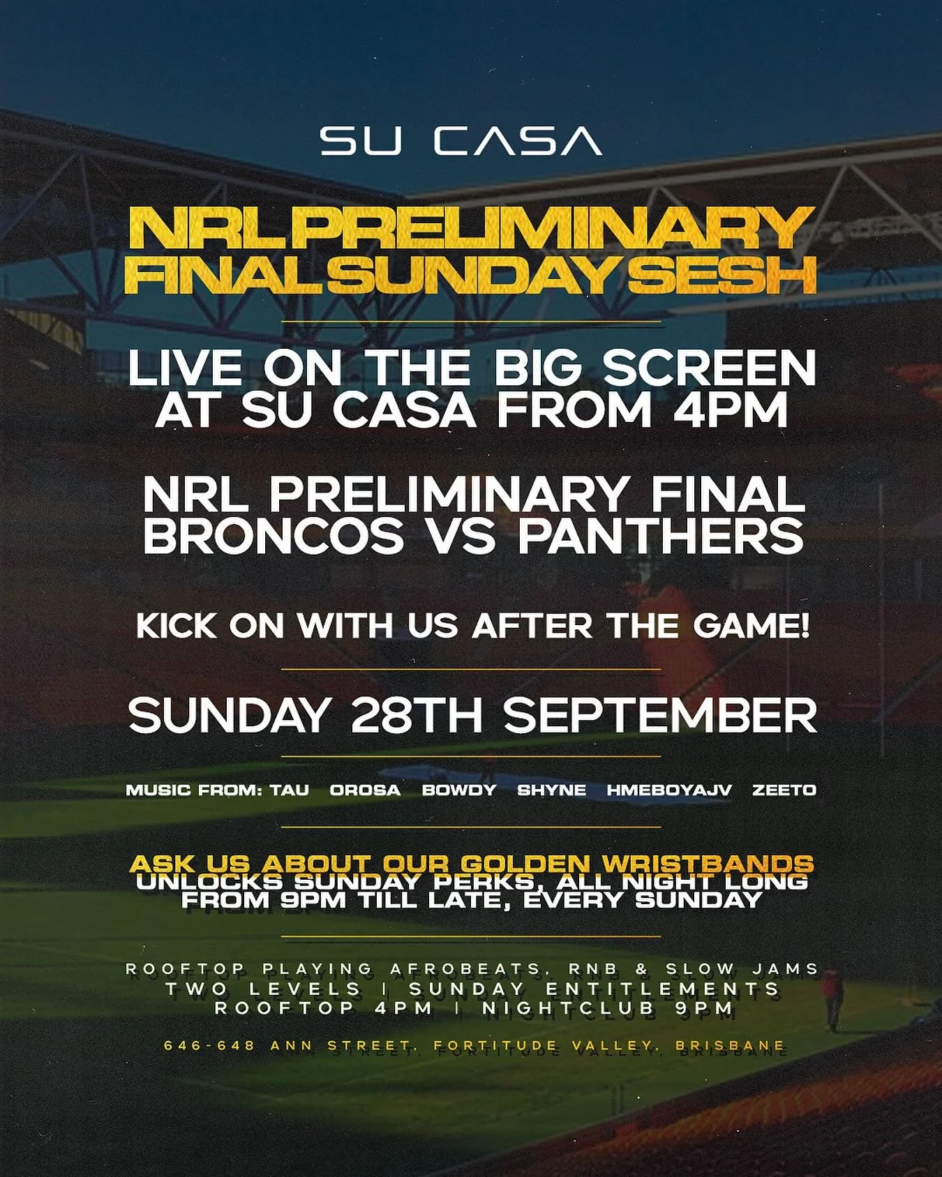 🏉 BIG SCREEN. BIG VIBES.
Broncos vs Panthers live from 4PM this Sunday ⚡

rooftop to nightclub, we&rsquo;ve got you covered till late.