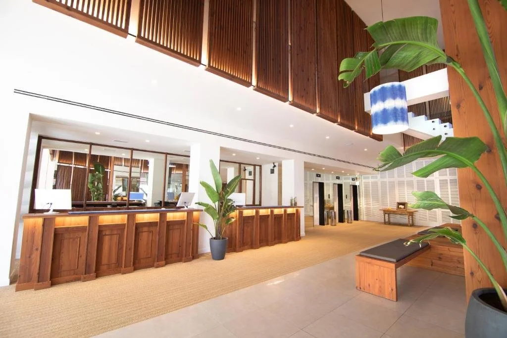 Modern hotel lobby with a wooden reception desk, elevator doors, and green potted plants.
