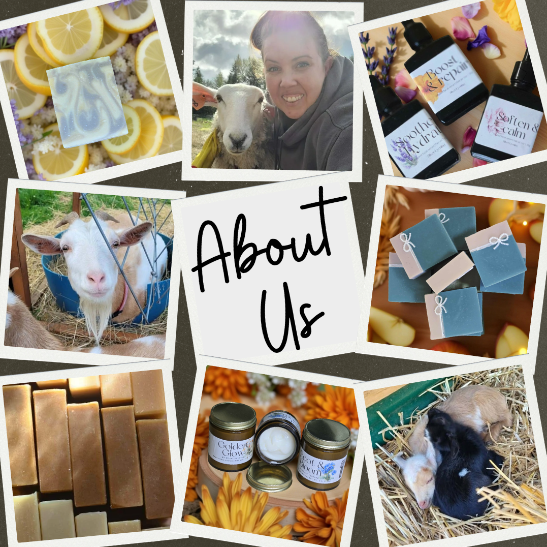 A collage with various images of handmade soaps, goats, soap-making supplies, and skincare products, with a central handwritten note that says "About Us."