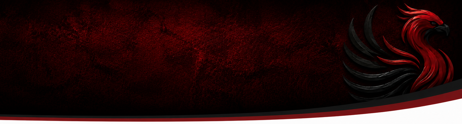 A stylized illustration of a black and red phoenix against a textured dark red background, with a curved black and red border at the bottom.