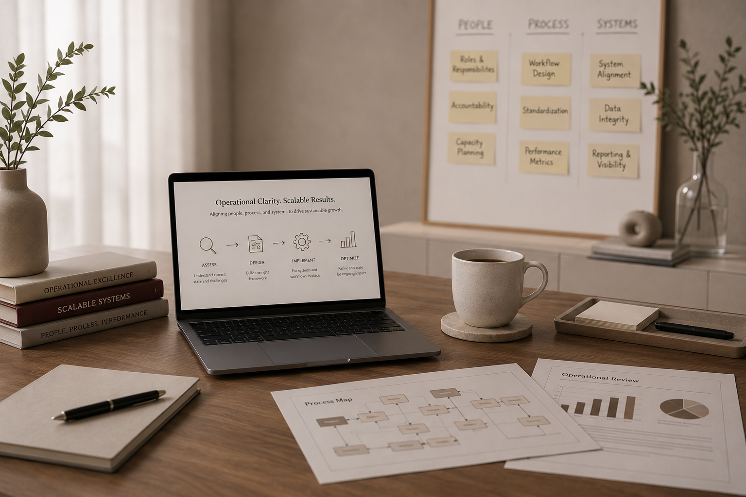 A workspace with a laptop displaying a diagram titled 'Operational Clarity. Scalable Results,' a cup of coffee, notebooks, a pen, printed process maps and reports, books on operational excellence, and a whiteboard with sticky notes about people, process, and systems.