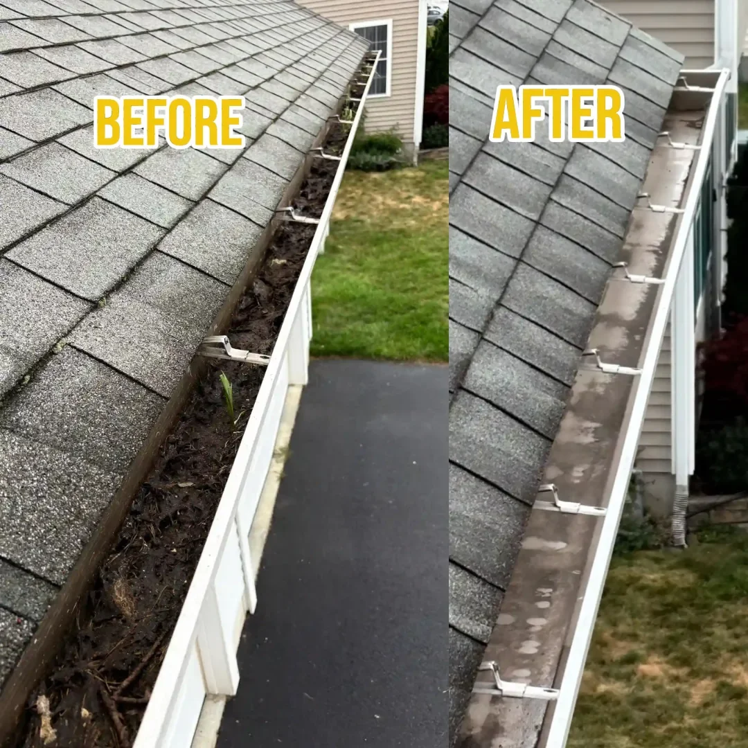 Before and after gutter cleaning project in Holyoke Massachusetts