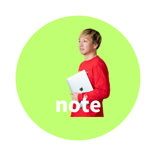 緑色の円の中に、赤い服を着た人がノートパソコンを抱えて立っているイラスト。「note」という文字が描かれている。