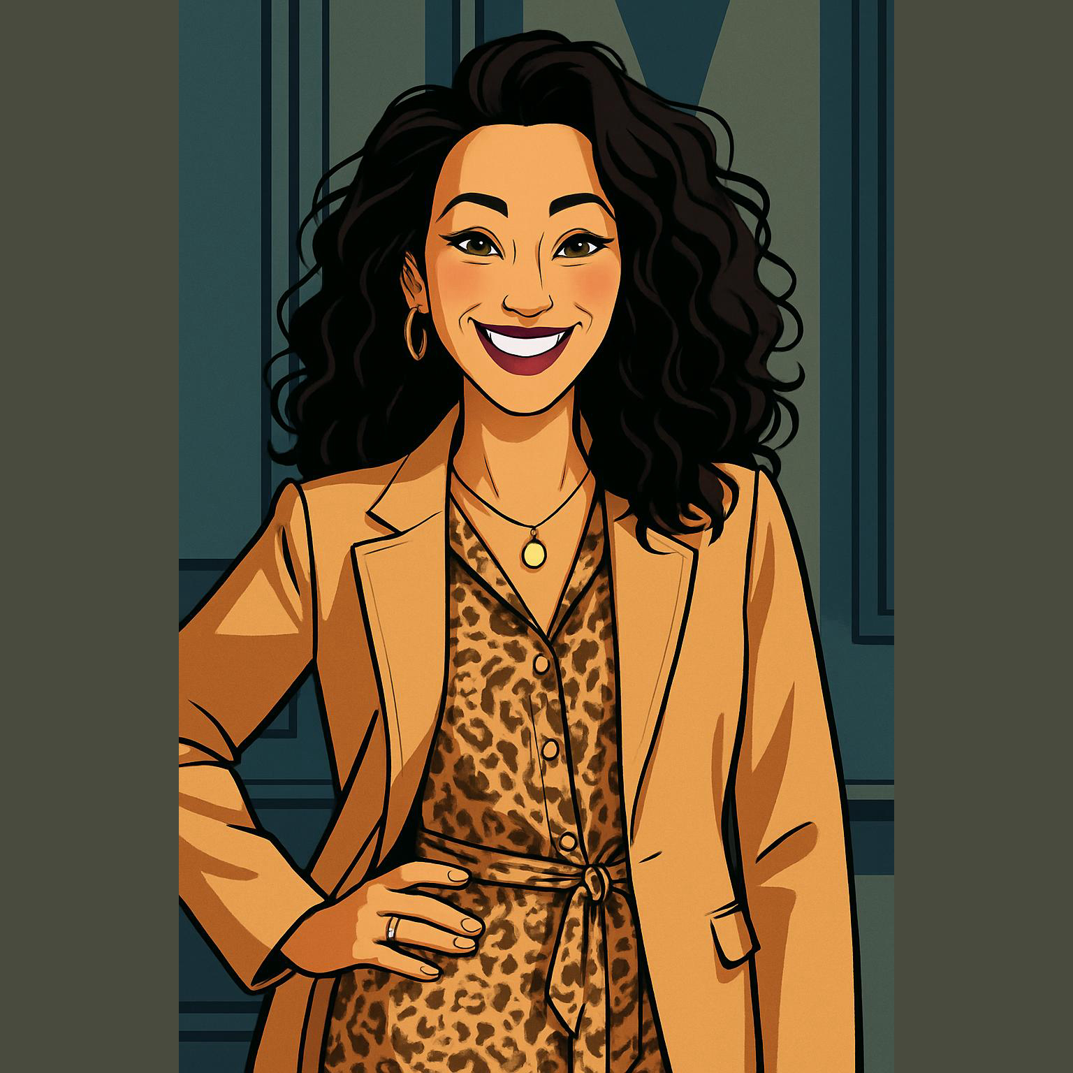A woman with curly black hair wearing a leopard print dress and tan blazer, smiling with one hand on her hip, standing indoors.