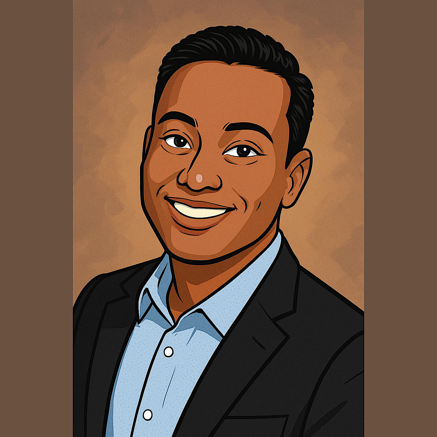 Digital illustration of a smiling man in a suit and light blue shirt against a brown background.