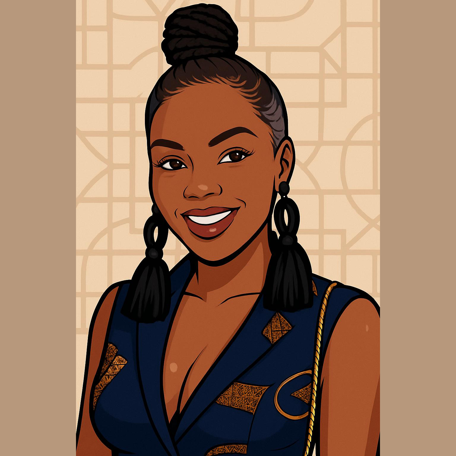 Digital illustration of a woman with dark hair in a bun and braids, wearing earrings and a sleeveless dress with patterns, smiling against a patterned background.