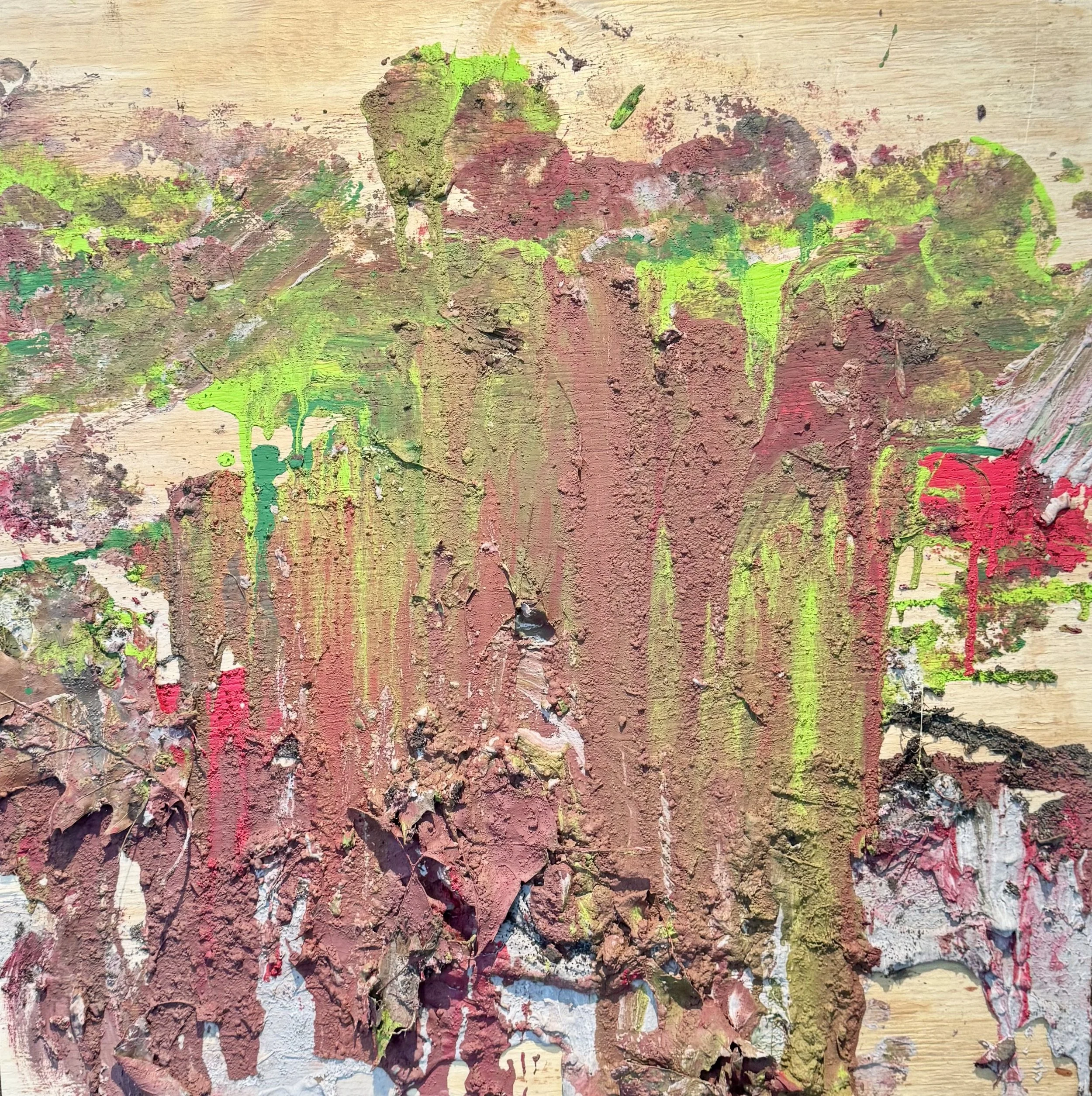Untitled; walking series 4, 2025.
24in. x 24in. 
Plywood, spackle, house and acrylic paints, dirt, leaves.