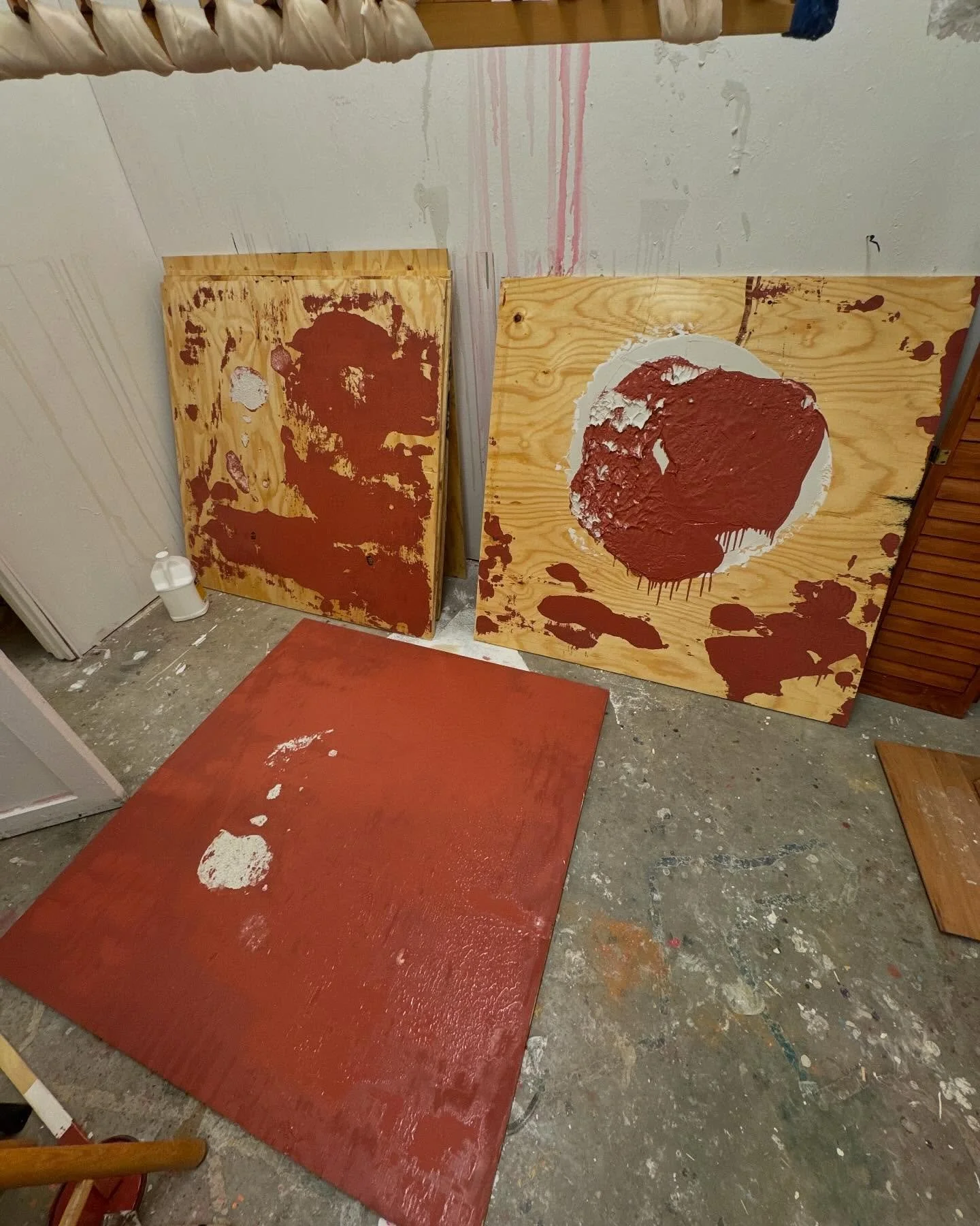 Some more bits of thesis progress: 

I&rsquo;ve been exploring what my own impact on the materials that are used, and that can be seen here. I placed the board of painted plywood on the ground, and then smooshed another plywood slab with spackle on t