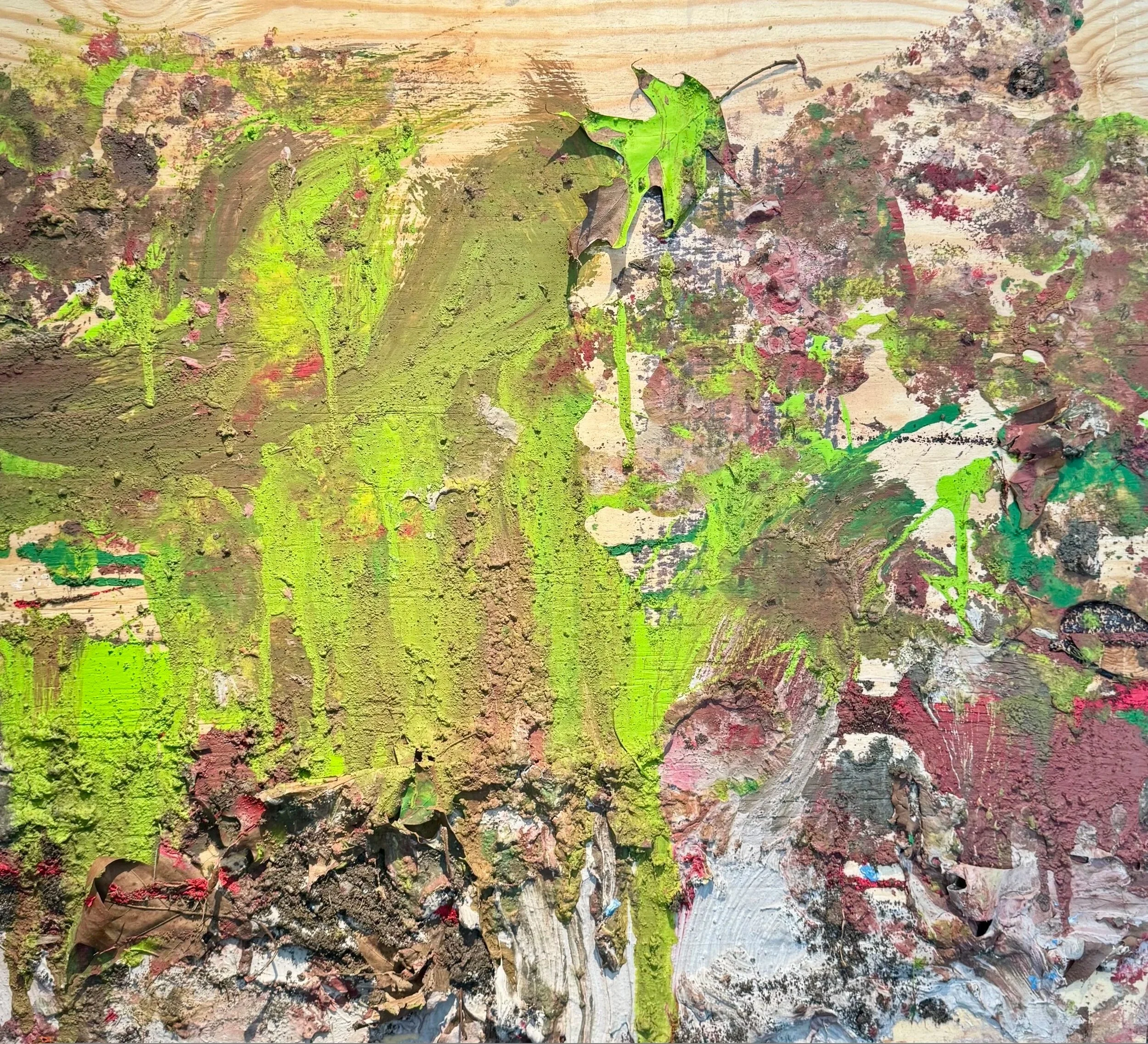 Untitled; walking series 6, 2025.
24in. x 24in. 
Plywood, spackle, house and acrylic paints, dirt, leaves.