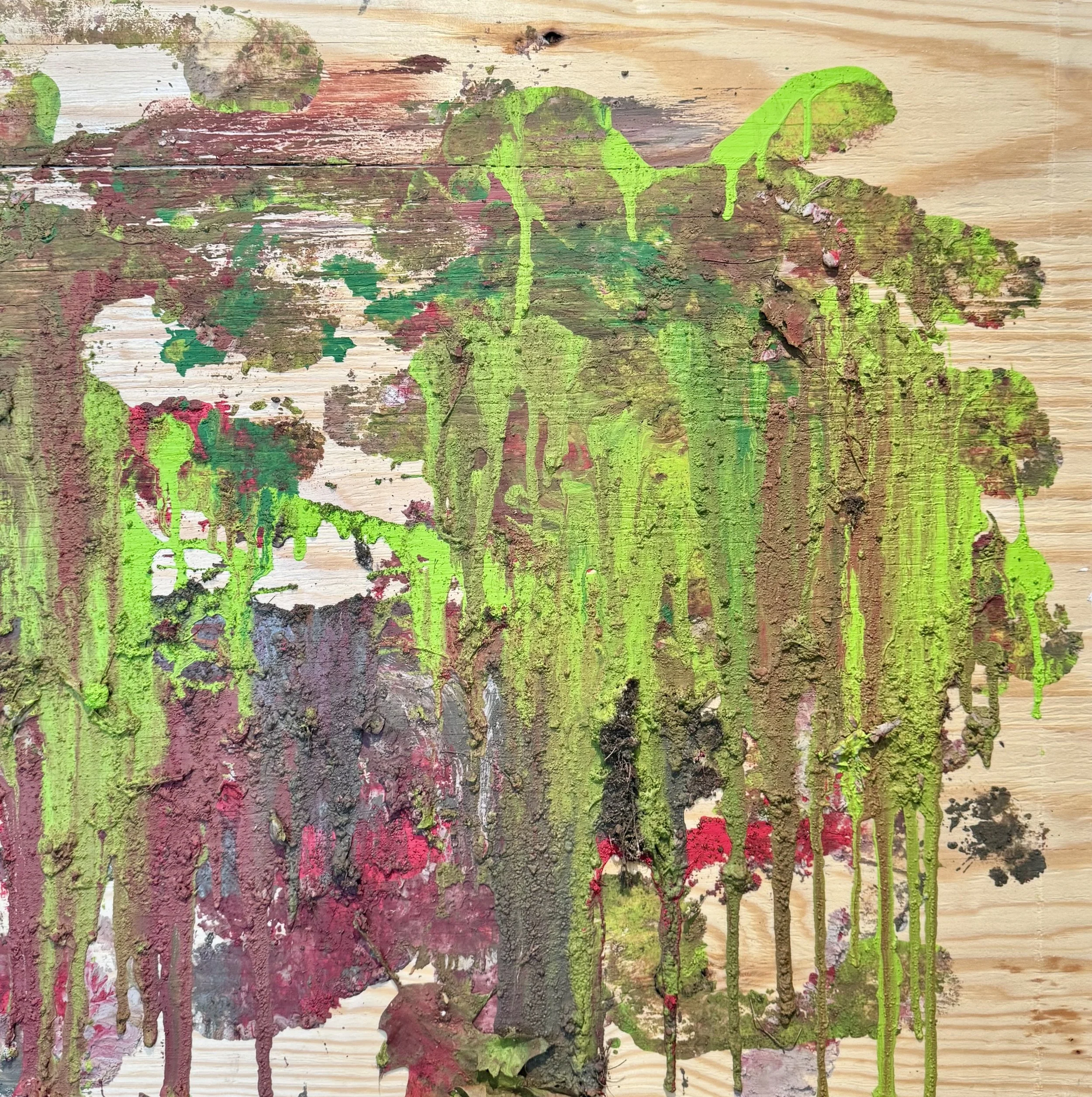 Untitled; walking series 8, 2025.
24in. x 24in. 
Plywood, spackle, house and acrylic paints, dirt, leaves.
