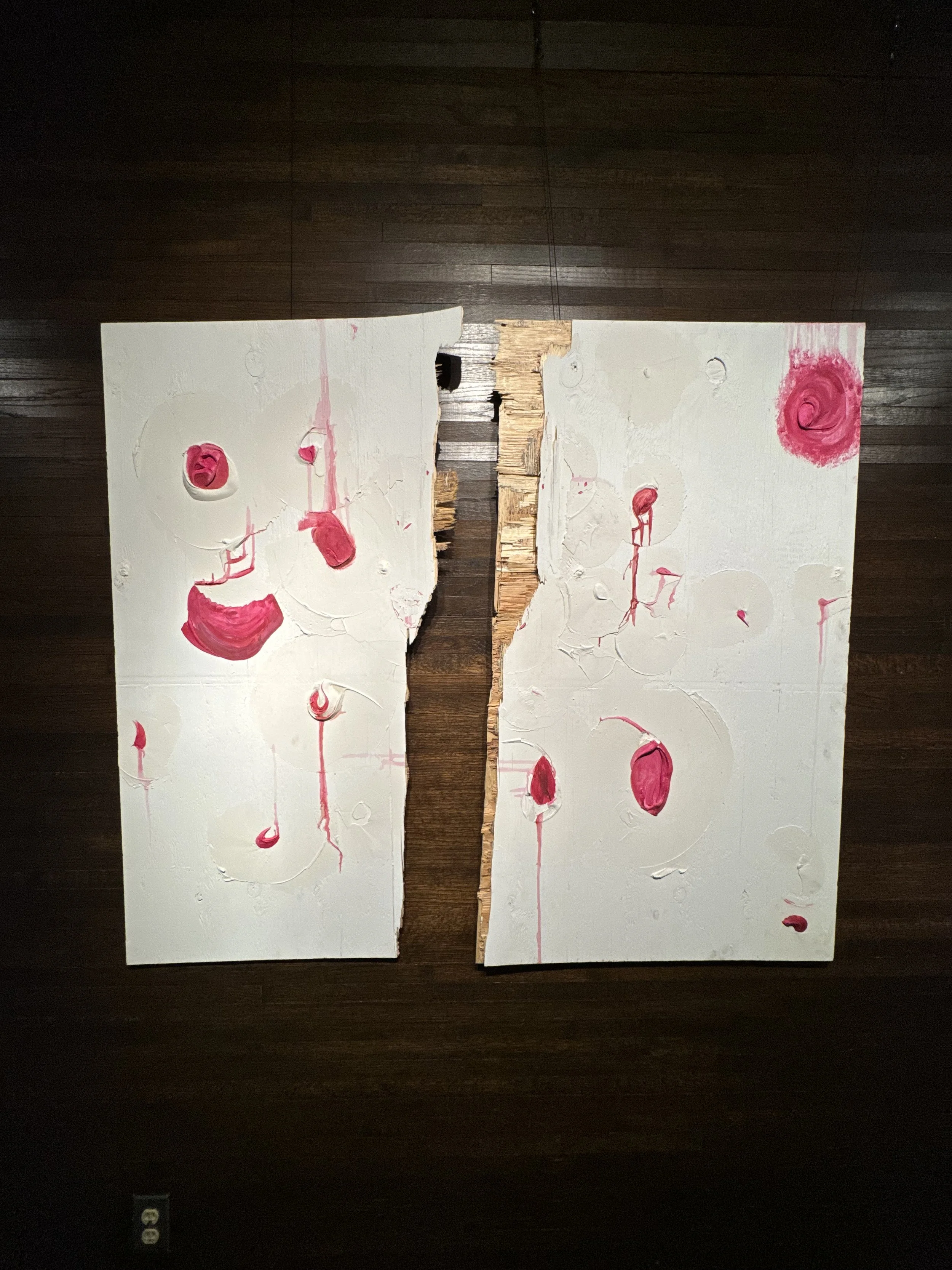 Untitled: torn in two, 2025.
48in. x 48in. 
Plywood, spackle, interior house paint, acrylic and oil paints.