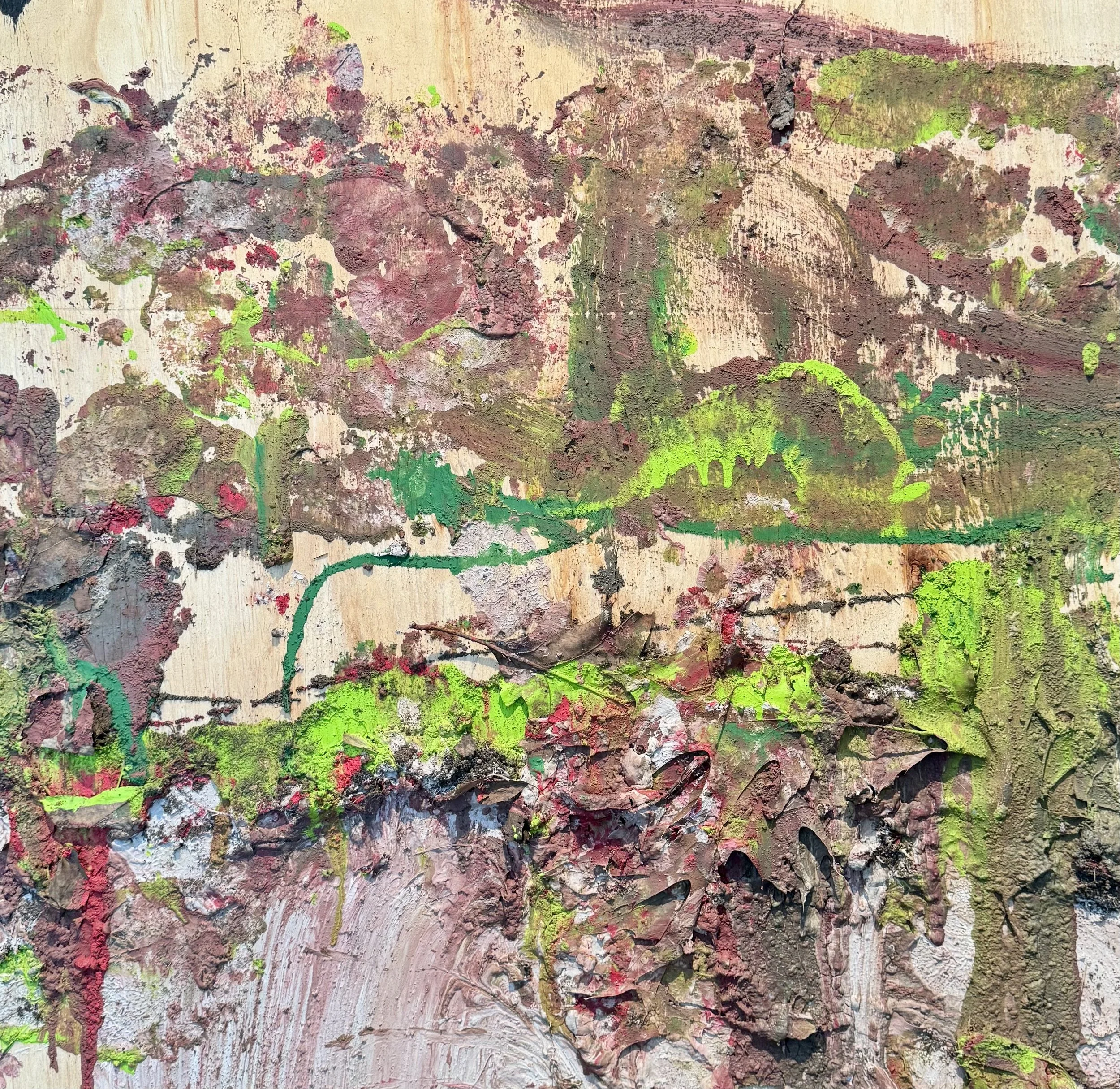 Untitled; walking series 3, 2025.
24in. x 24in. 
Plywood, spackle, house and acrylic paints, dirt, leaves.