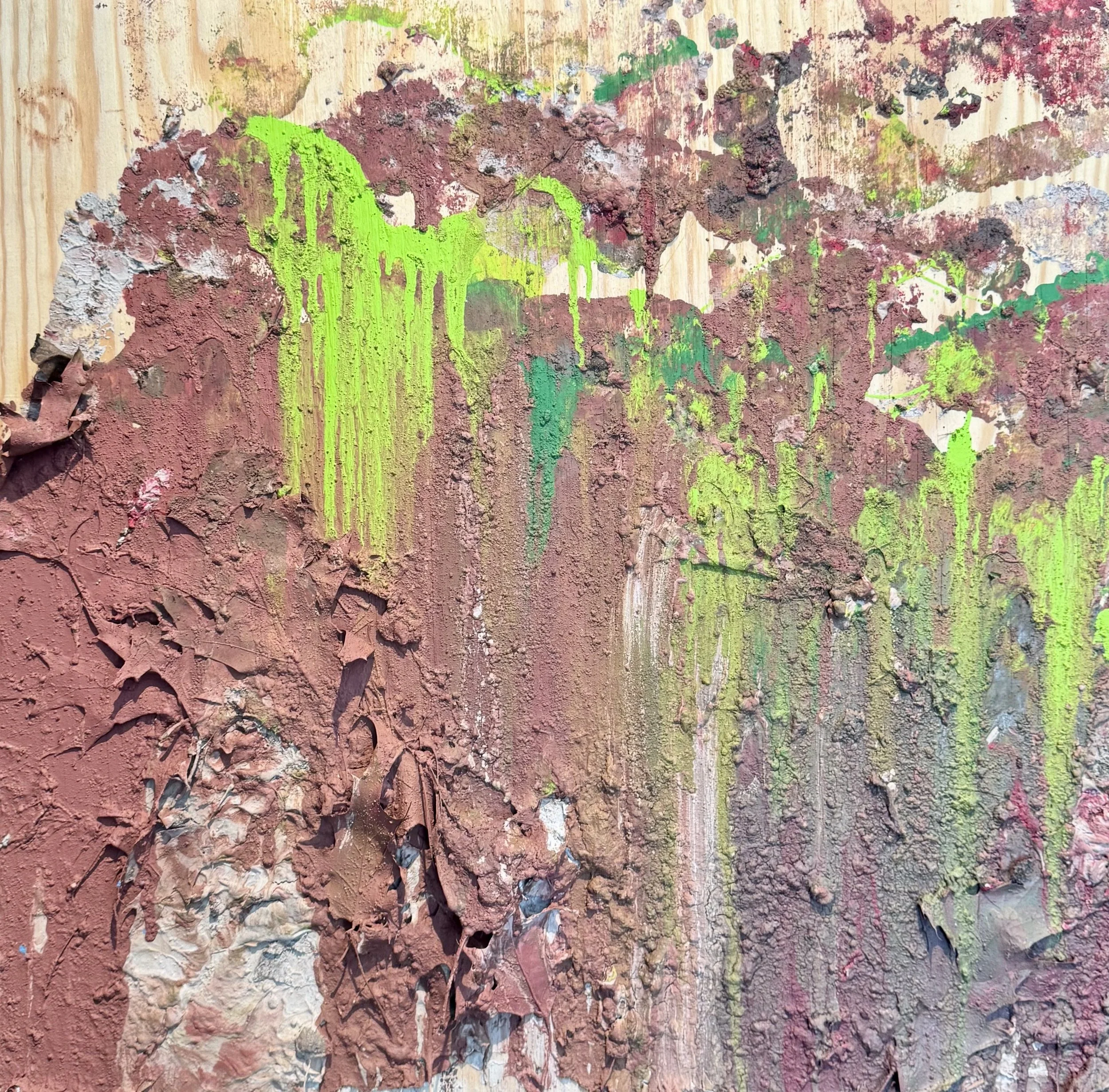 Untitled; walking series 1, 2025.
24in. x 24in. 
Plywood, spackle, house and acrylic paints, dirt, leaves.