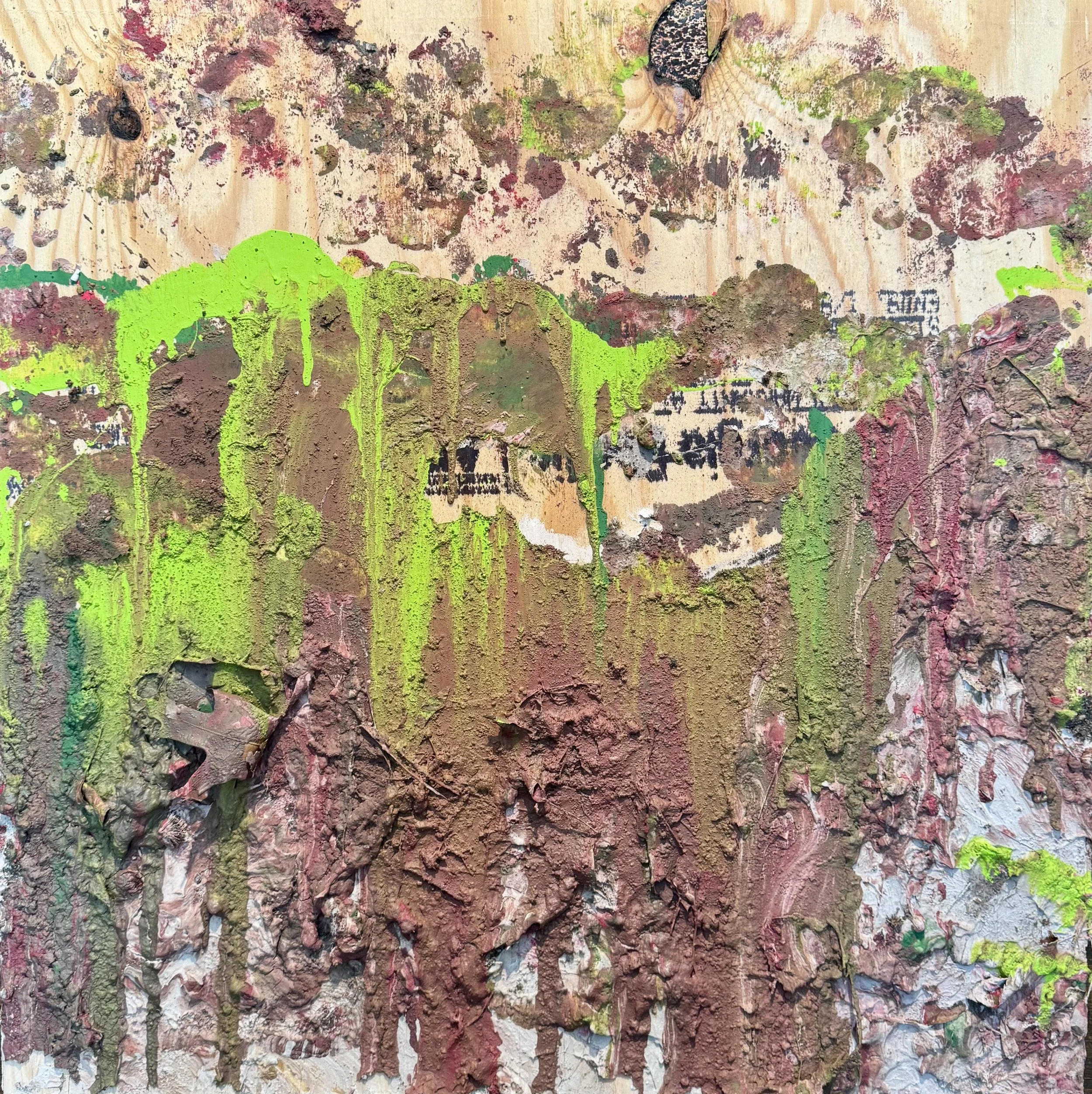 Untitled; walking series 2, 2025.
24in. x 24in. 
Plywood, spackle, house and acrylic paints, dirt, leaves.