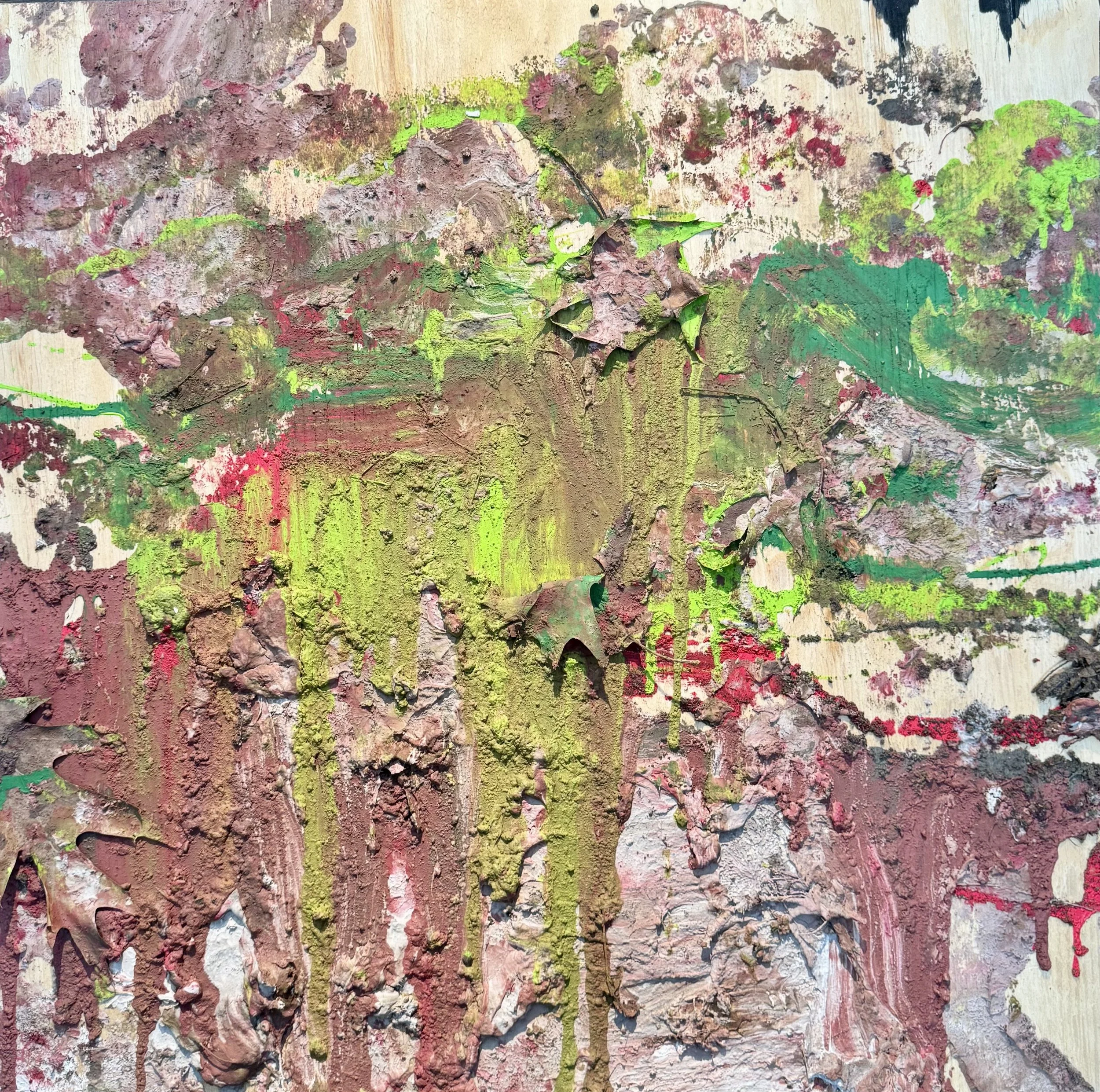 Untitled; walking series 7, 2025.
24in. x 24in. 
Plywood, spackle, house and acrylic paints, dirt, leaves.