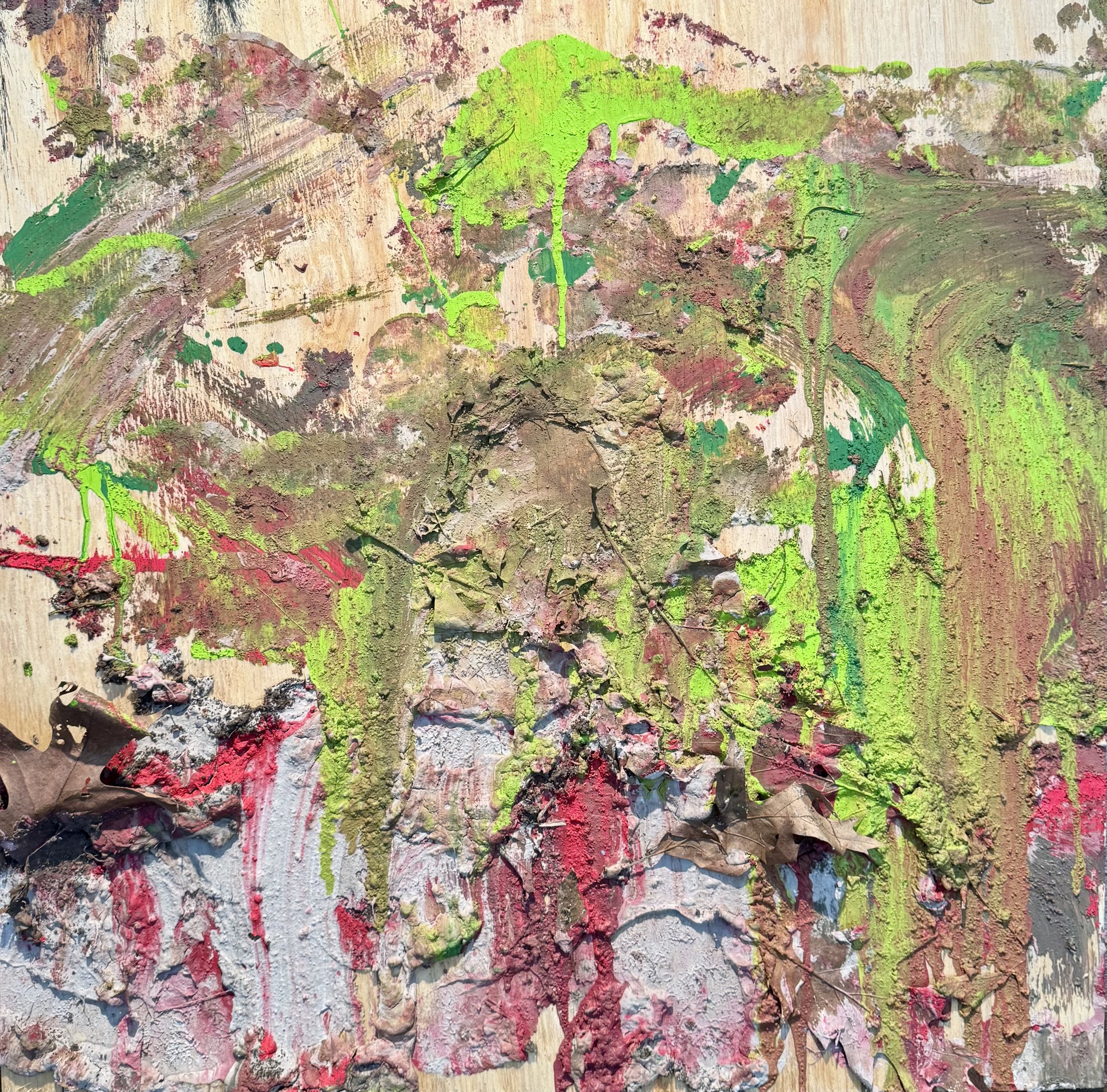 Untitled; walking series 5, 2025.
24in. x 24in. 
Plywood, spackle, house and acrylic paints, dirt, leaves.