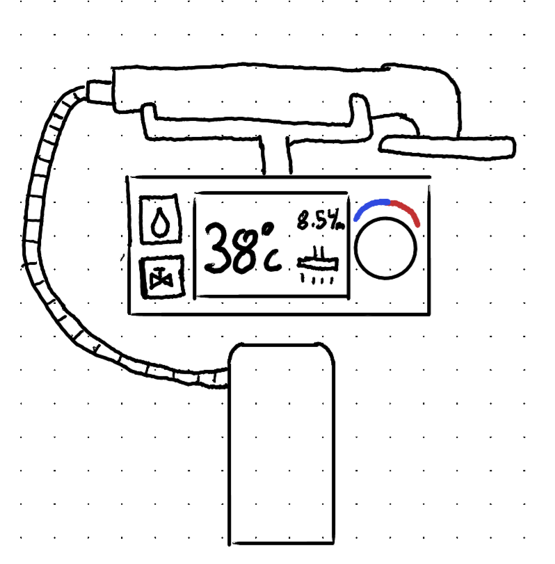 A sketch of a wall mounted control module with a wand mounted on top