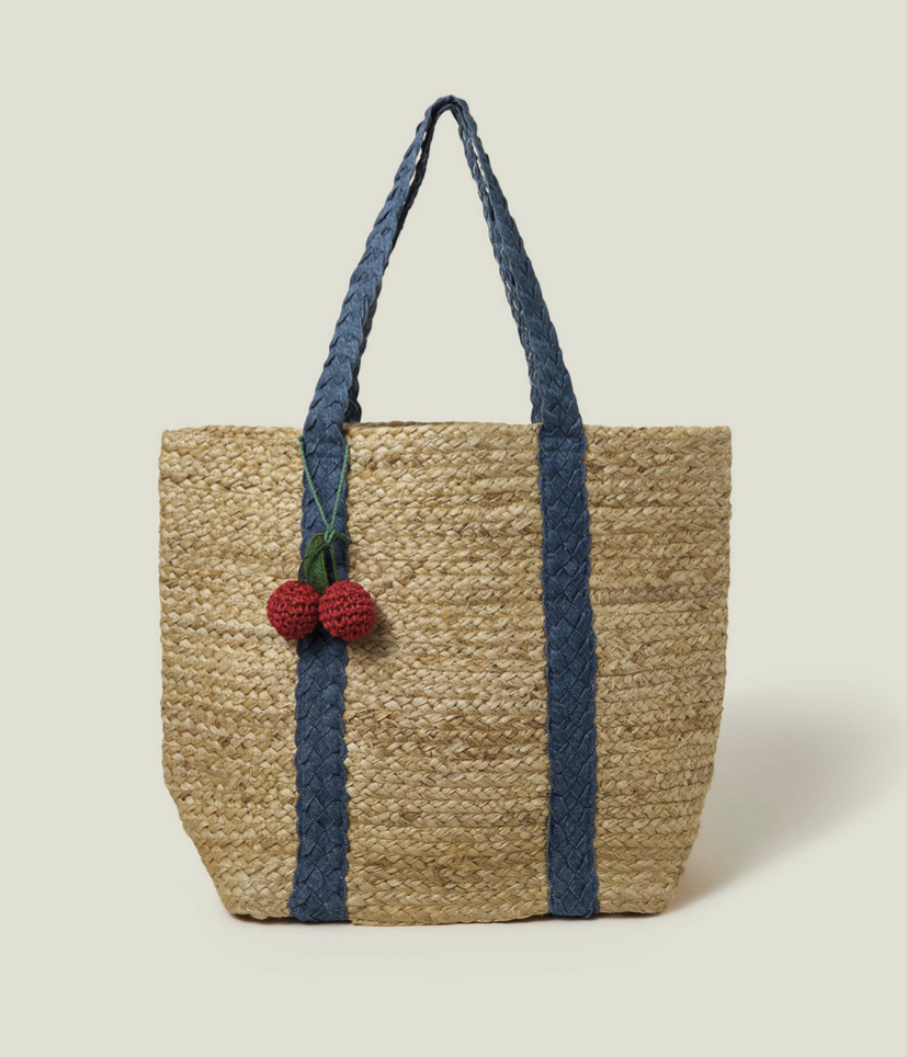 Jute tote bag with denim straps