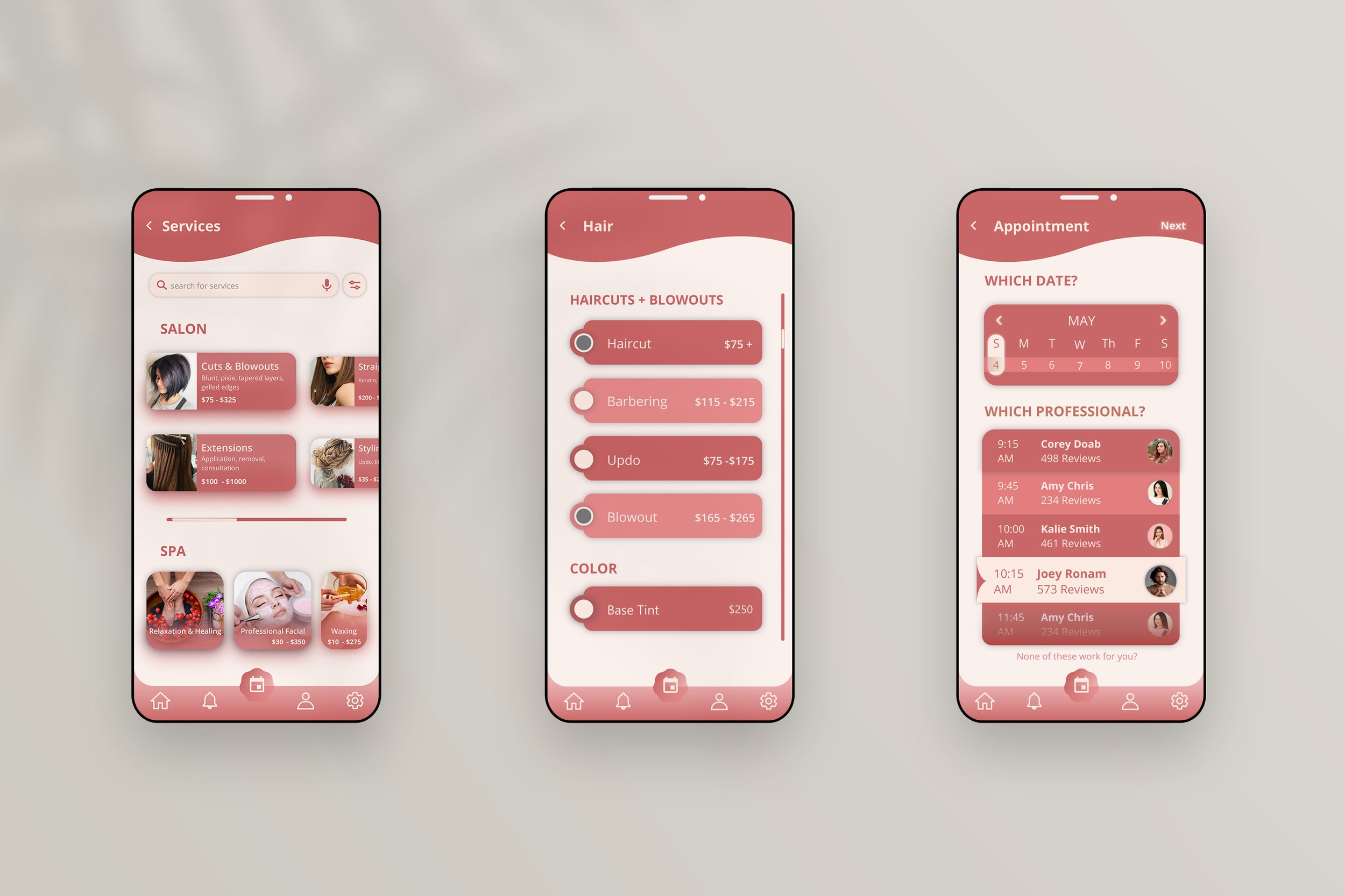 Three smartphone screens displaying a salon and spa booking app interface, showing services, pricing, and appointment scheduling options.
