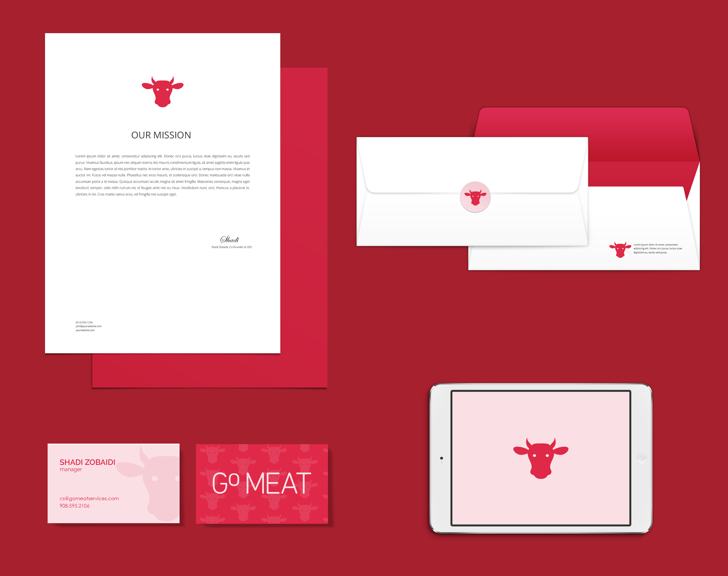 Brand identity materials for "Go Meat," including a letterhead, envelope, business cards, and tablet screen with a red cow logo on a red background.