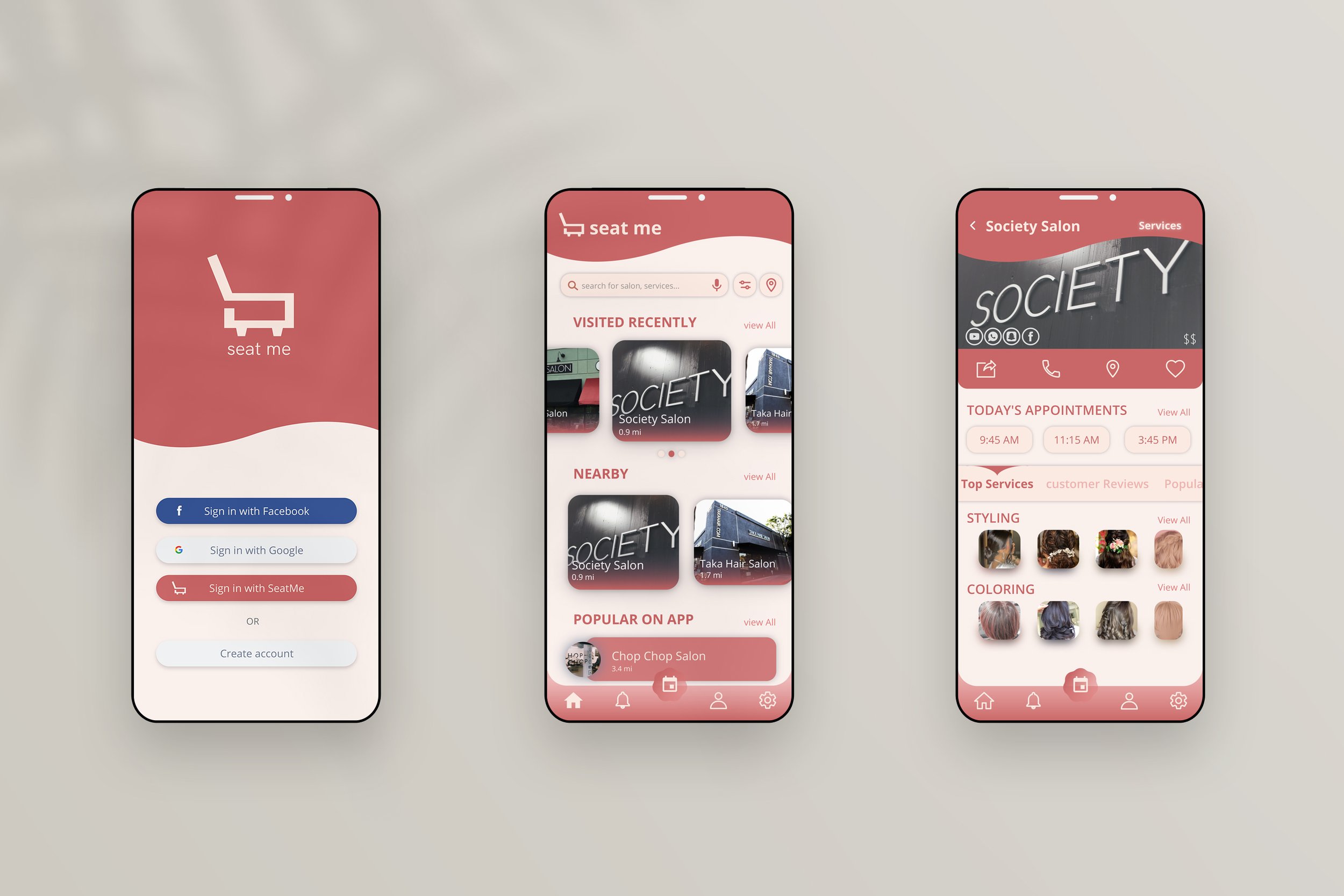 Mobile app interface design for a salon booking app named "Seat Me," showcasing a login screen and salon details. The screens feature options to sign in with Facebook, Google, or a SeatMe account, lists of recently visited and nearby salons, and deta
