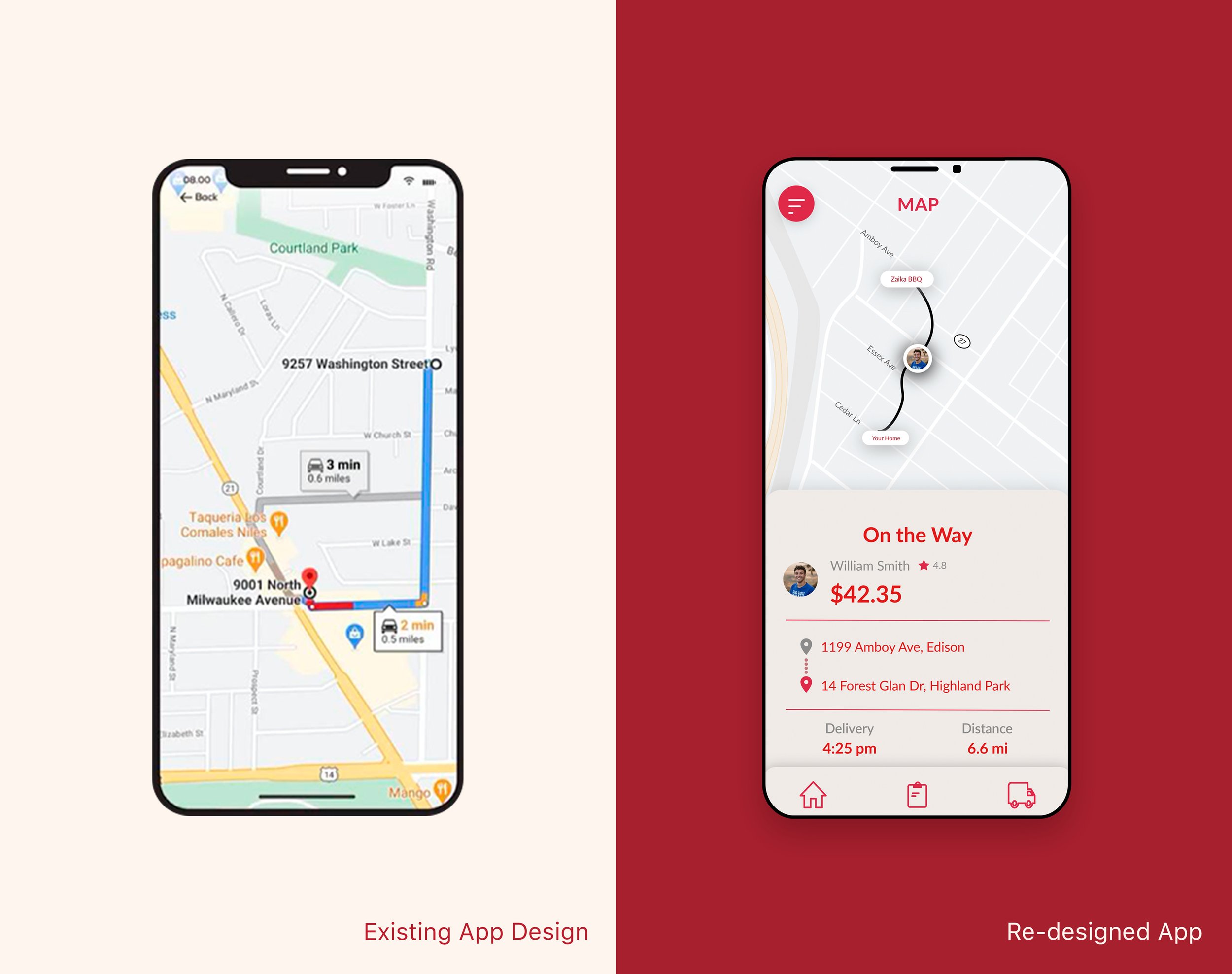 Comparison of a navigation app's existing design on the left with a map and route details, and a redesigned interface on the right showing route, user details, and delivery information.