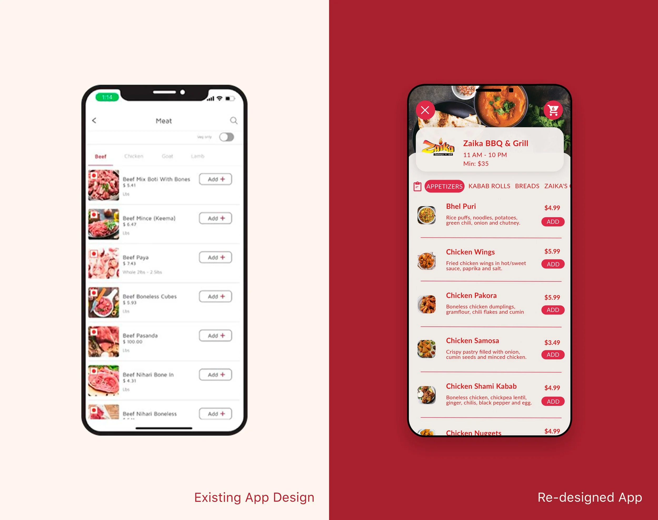 Comparison of an existing app design and a redesigned app interface for food ordering, showing menu items and prices on mobile screens.