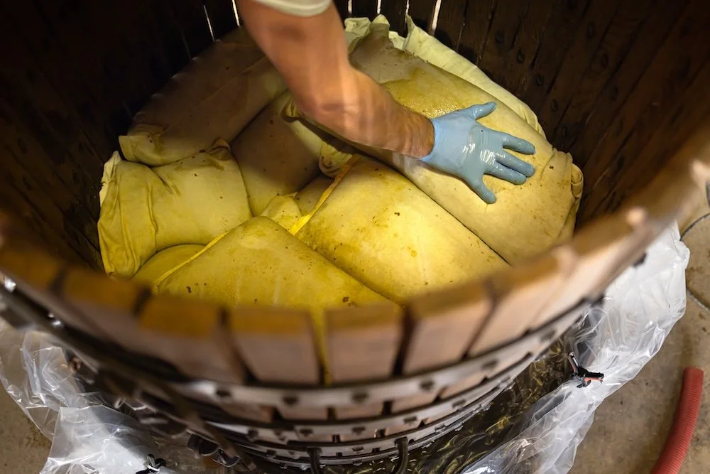 Une personne portant un gant bleu place des sacs de compost dans un composteur en bois.