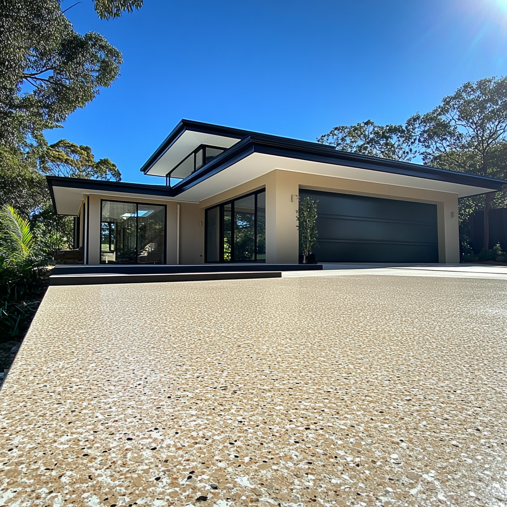 Modern house with flat roof and large garage, surrounded by trees, under a clear blue sky.