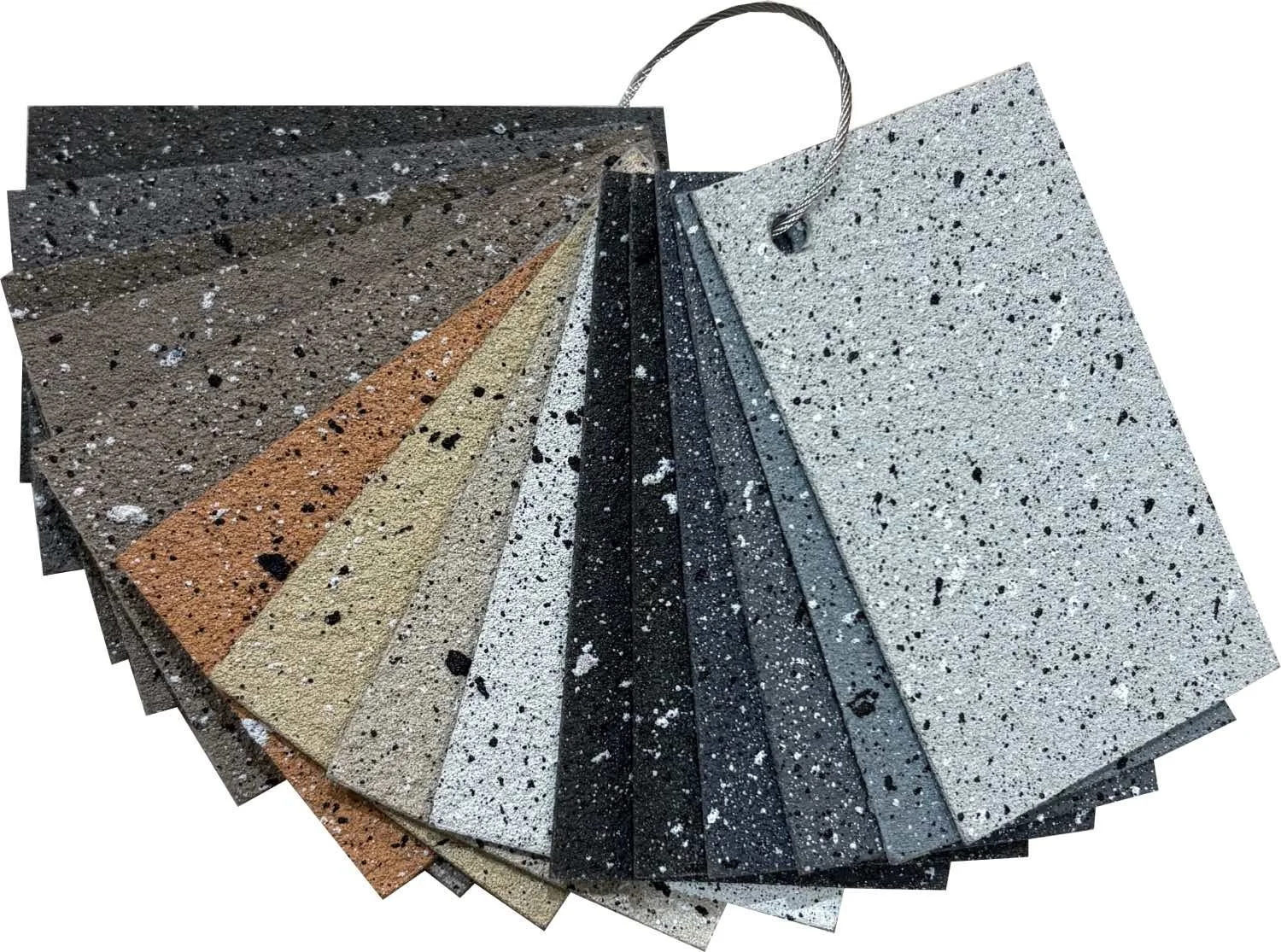 Swatch of speckled textured materials in various colors on a ring