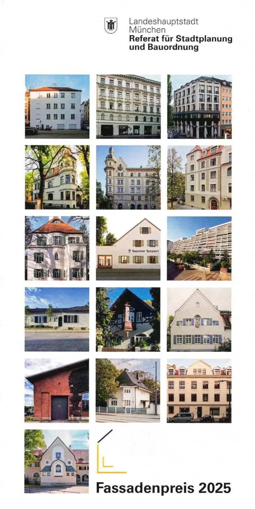 Ein Booklet mit den Projekten die den Fassadenpreis 2025 der Landeshaupstadt München gewonnen haben, unter anderem auch die Denkmalgeschützte August Exter Villa in der Fritz Reuther Straße.