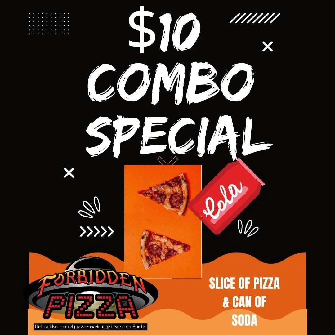 A promotional sign advertising a $10 pizza combo special that includes two slices of pizza and a can of soda. The sign features images of two pizza slices, the word 'sale' on a red tag, and playful graphic elements. The background is black, with orange accents and white, red, and black text.