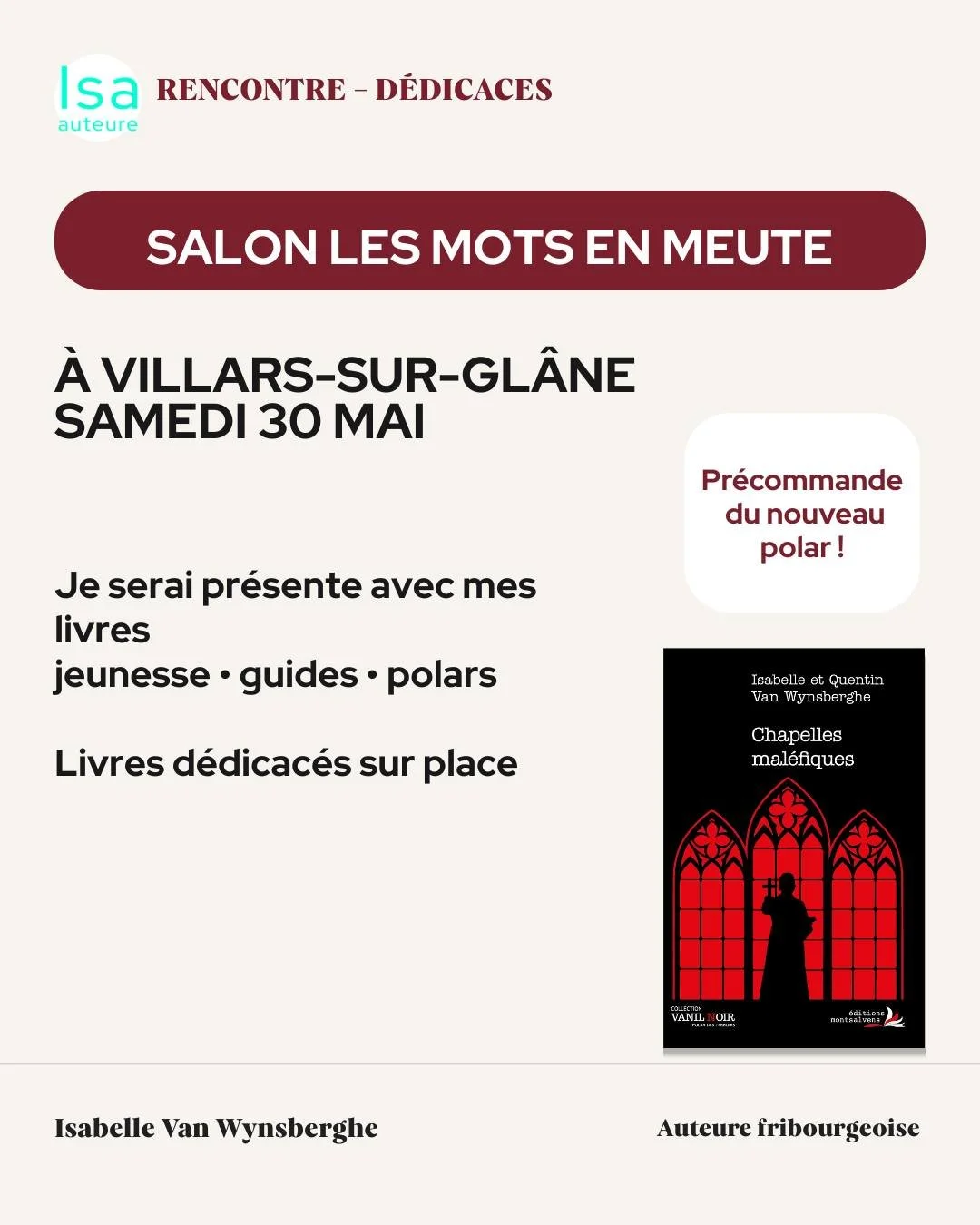✨ Envie de d&eacute;couvrir mes livres en vrai et de repartir avec un exemplaire d&eacute;dicac&eacute; ?

Retrouvez-moi le 30 mai au salon Les mots en meute, &agrave; Villars-sur-Gl&acirc;ne.

Je serai sur place avec mes polars r&eacute;gionaux, mes