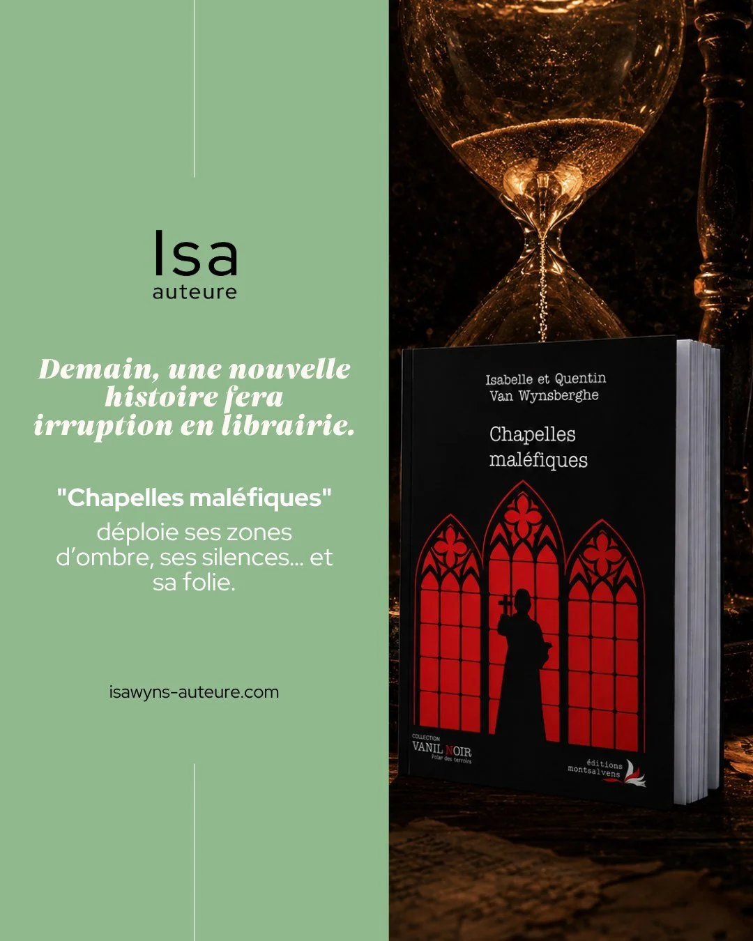 Demain, une nouvelle histoire fera irruption en librairie. 📖

"Chapelles mal&eacute;fiques" d&eacute;ploie ses zones d&rsquo;ombre, ses silences&hellip; et sa folie.

Une intrigue &agrave; d&eacute;couvrir&hellip; si vous osez franchir le 