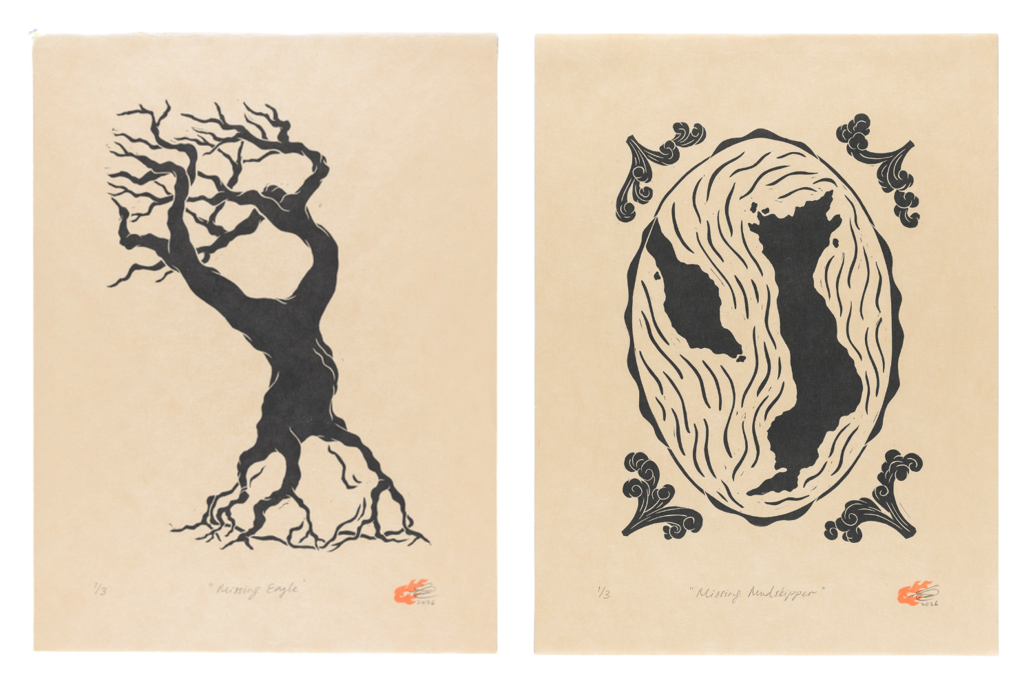 Sharon Chin, Missing Actors series, 2026, linoprint on Kitakata paper, 37.5 × 28cm each. Images courtesy of Sharon Chin.