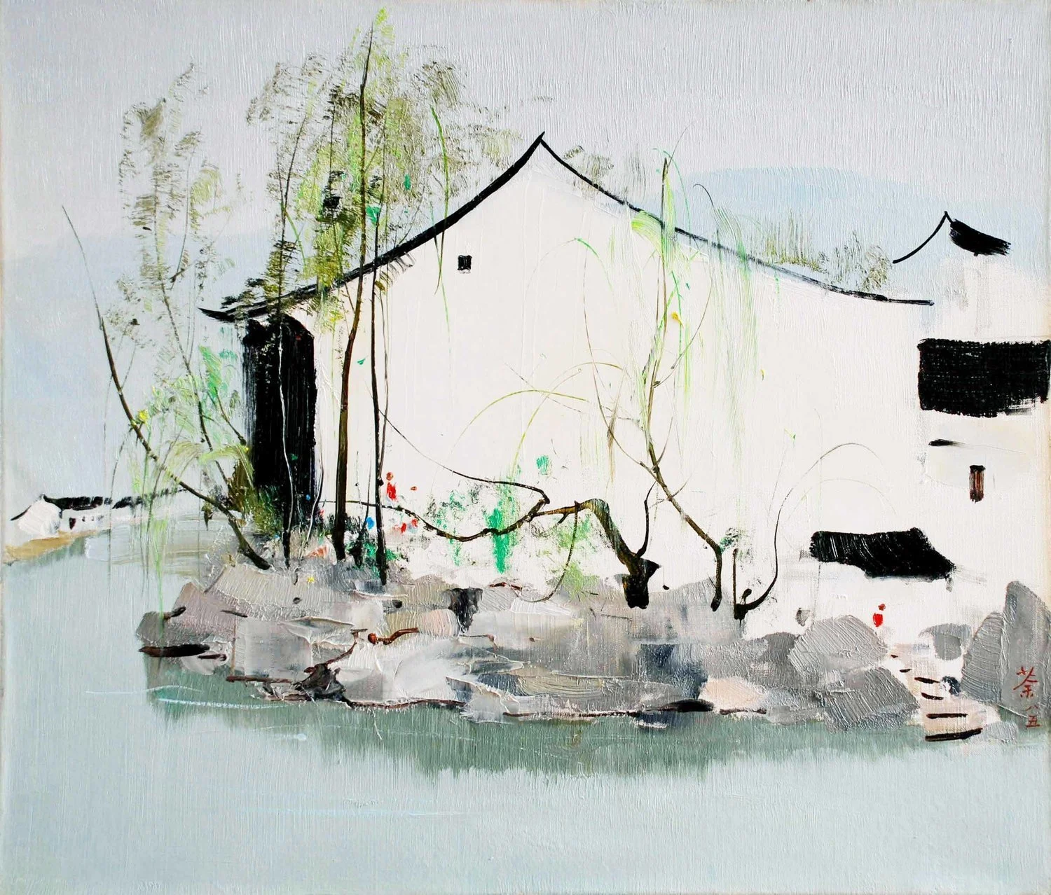 Wu Guanzhong, Riverside Households, 1985, oil on canvas, 43 x 51cm. Collection of Liu Gang and Chen Yu, China. Image courtesy of Liu Gang and Chen Yu.